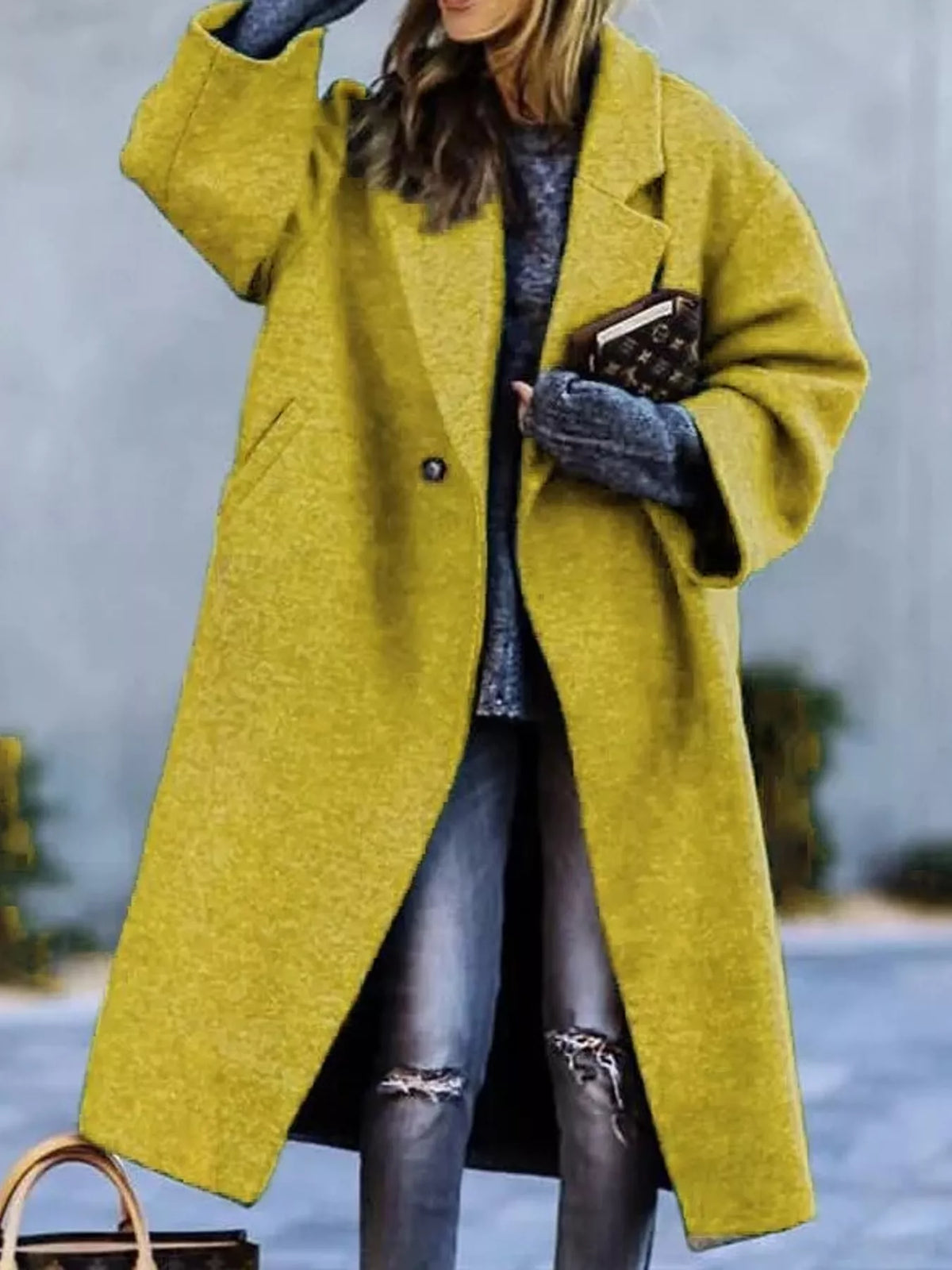 Yellow lapel collar one button coat