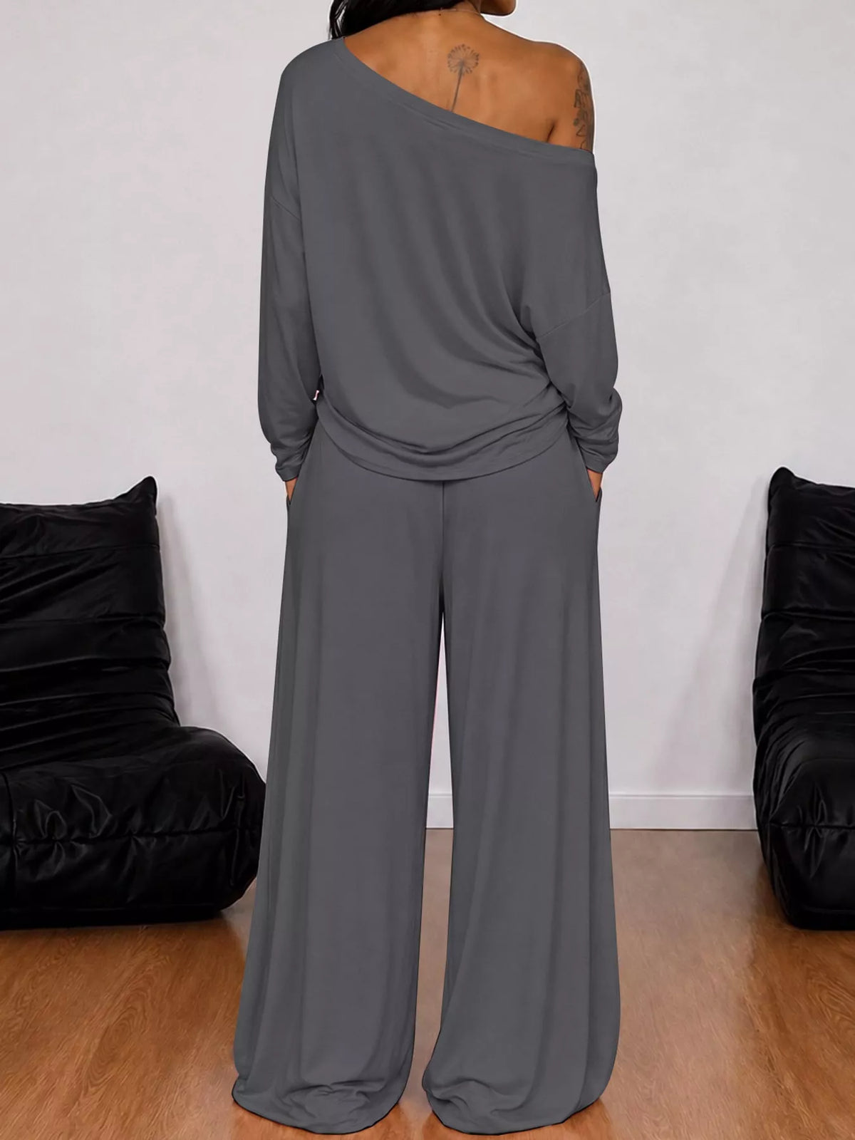 Off-Shoulder Striped Long Sleeve Top and Wide Leg Pants Set, back view in gray