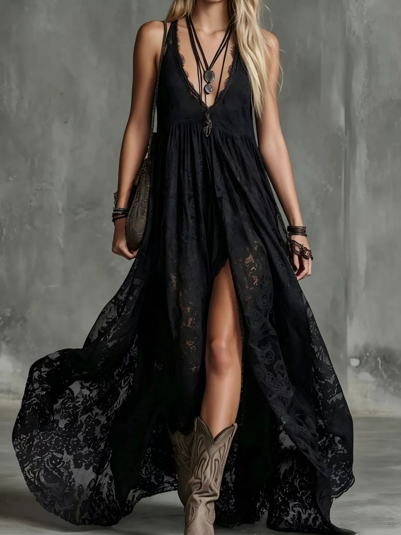 Lace maxi dress with high slit