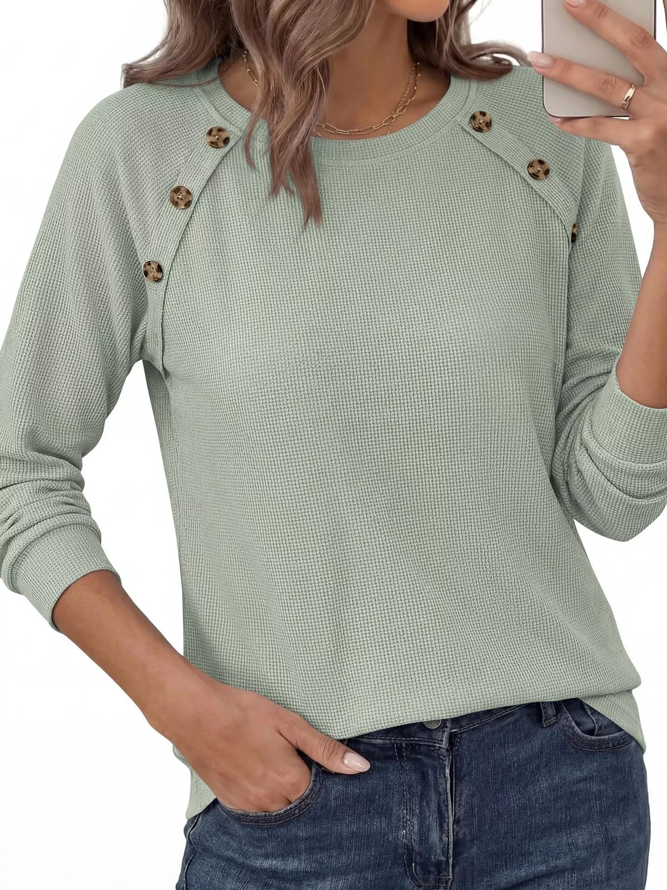 Trendsi Decorative Button Waffle Knit Long Sleeve T-Shirt -