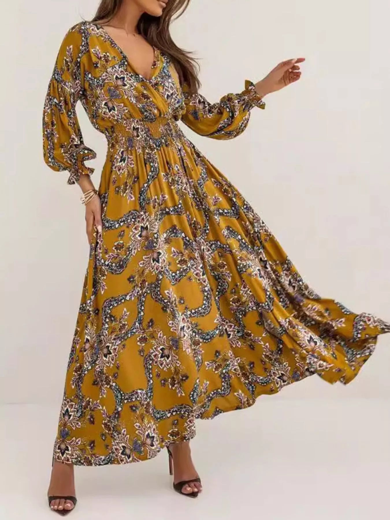 Trendsi Bohemian Printed Maxi Dress with Plunging Neckline -