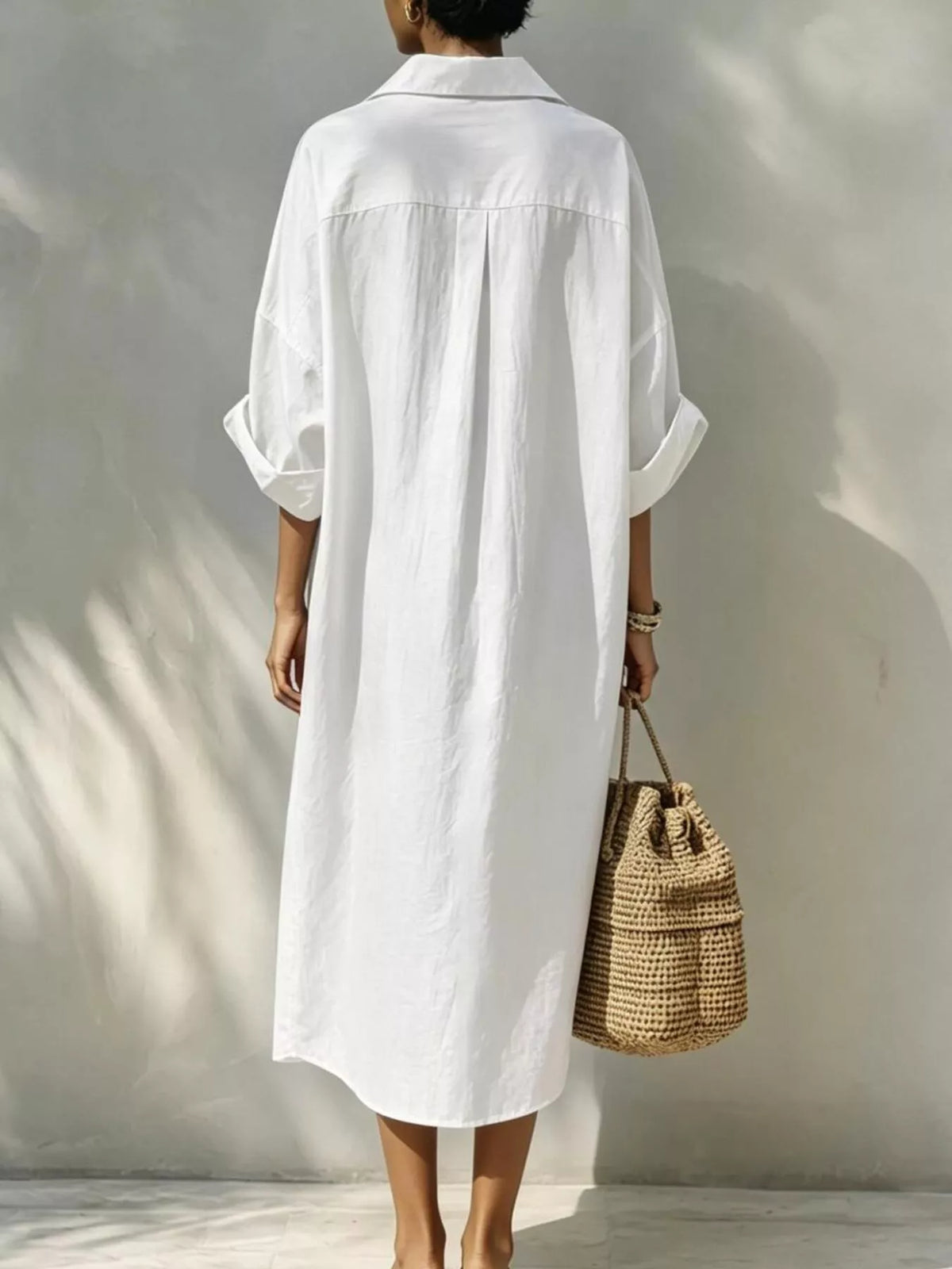 White button-down shirt dress, back view