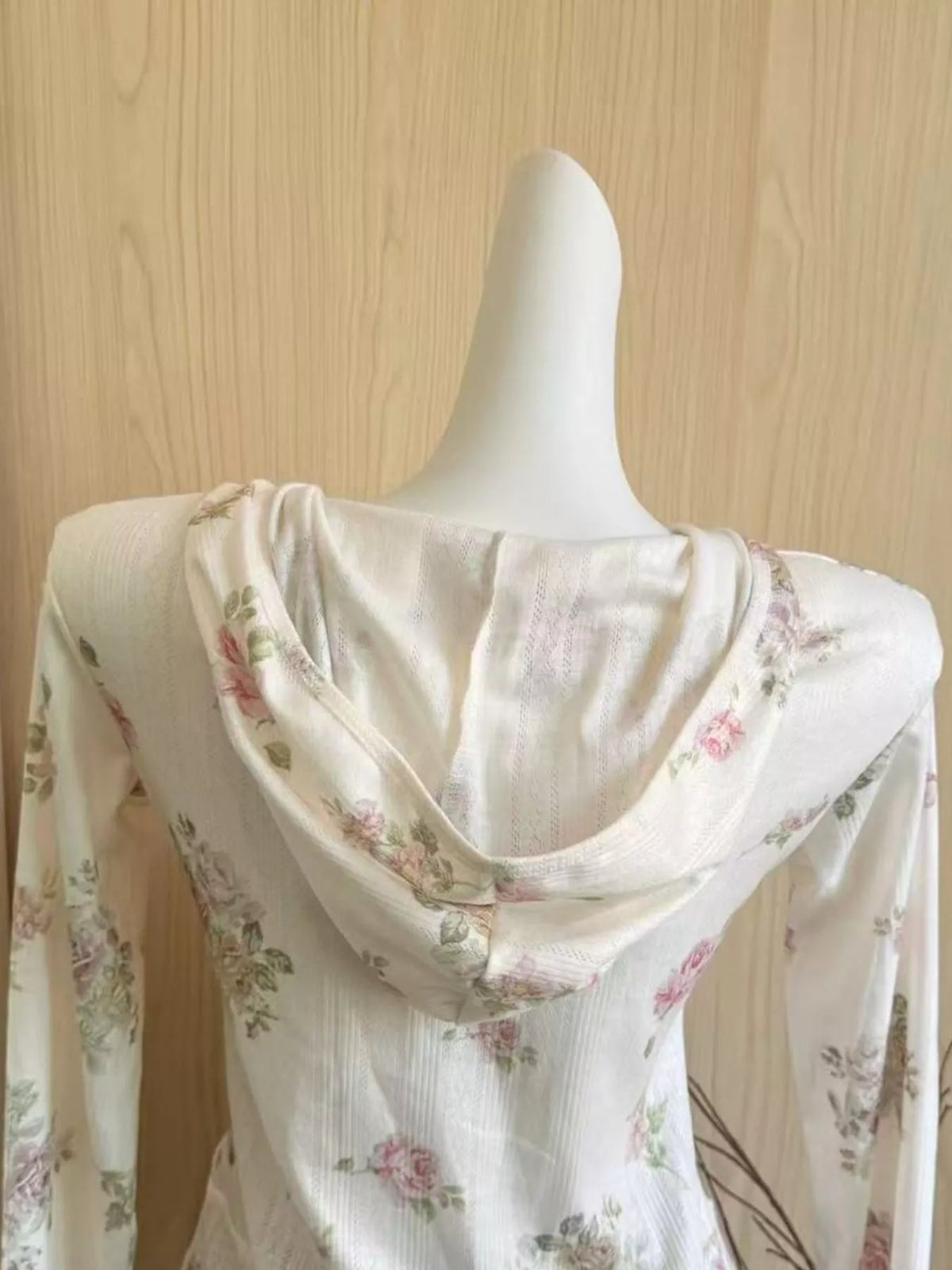 White floral print zip-up knit hoodie, back view