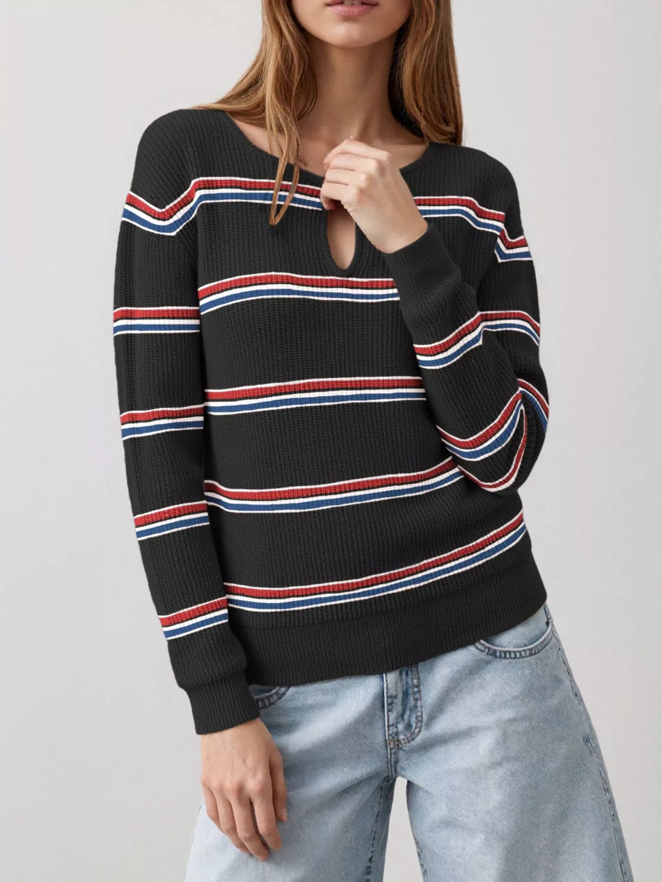 Trendsi Striped Ribbed Knit Top with Keyhole Neckline -