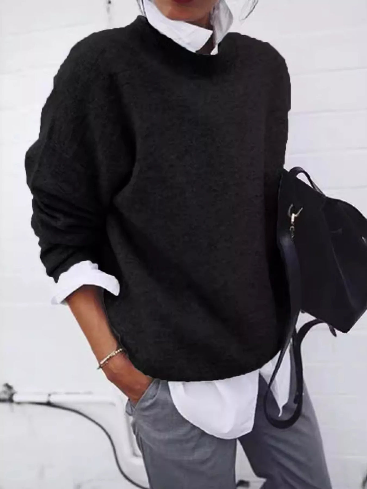 Black Round Neck Long Sleeve Sweater front view