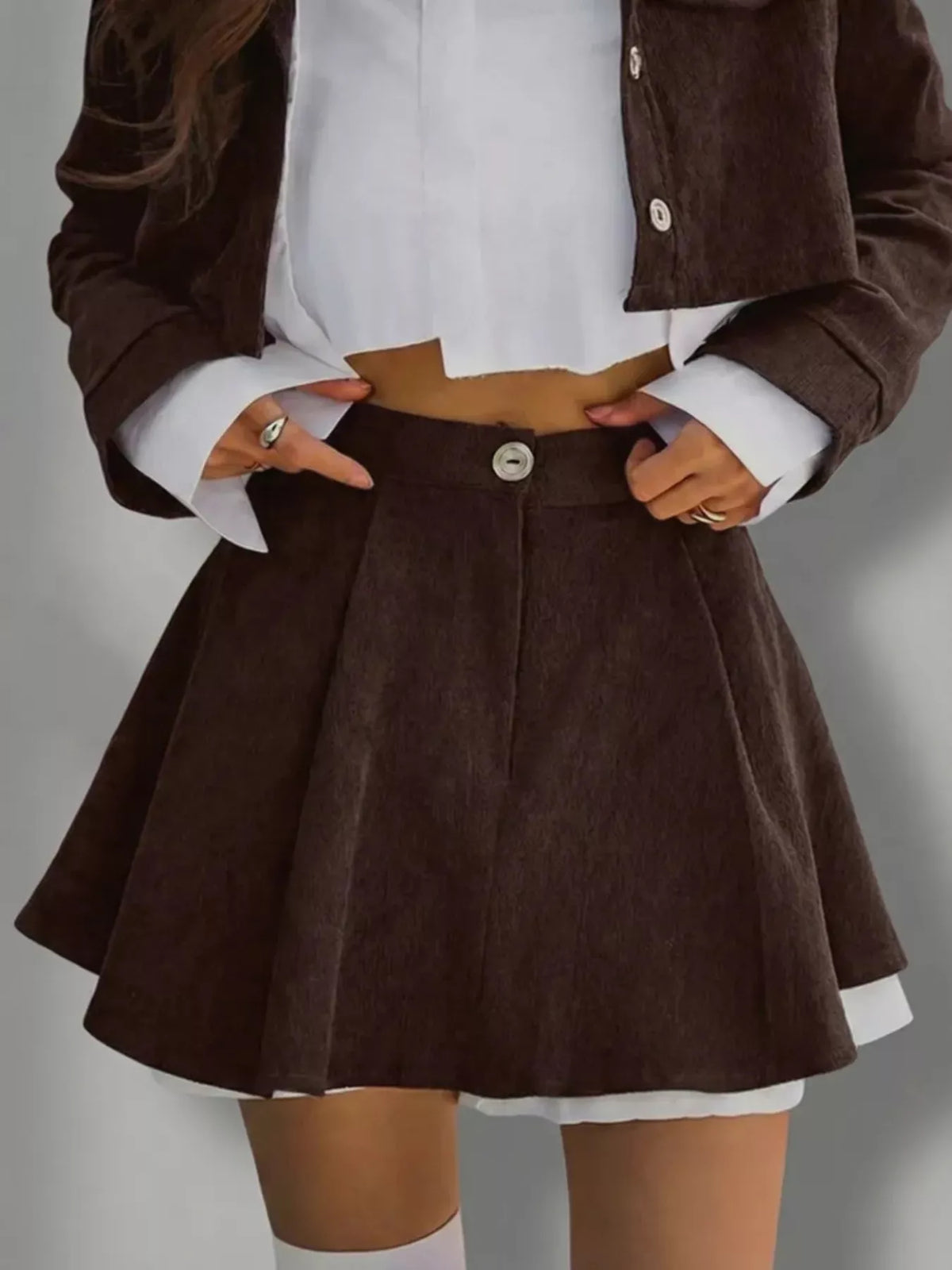Trendsi Button Up Cropped Jacket and Mini Skirt Set -