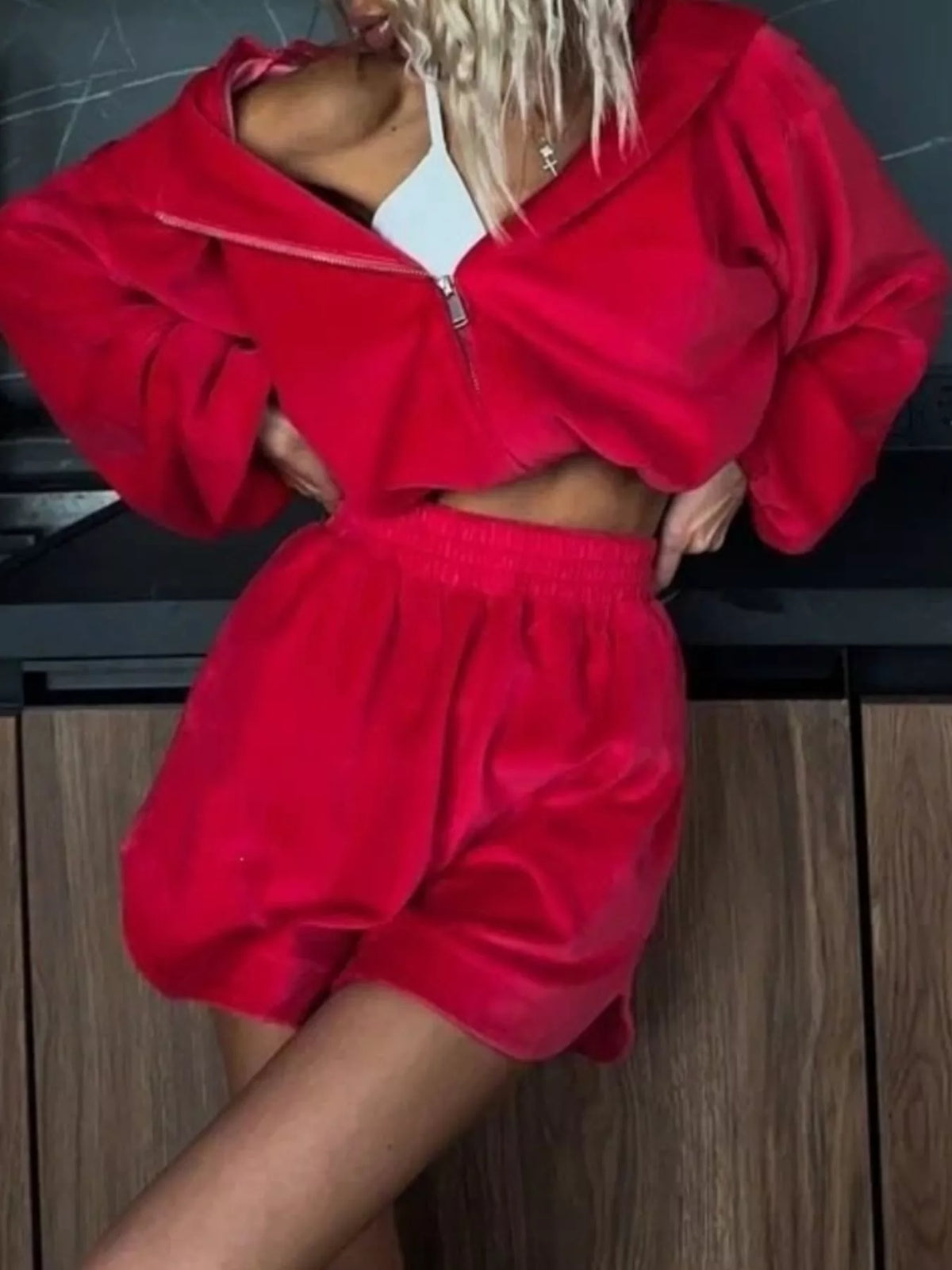 Trendsi Zip Up Crop Hoodie and Shorts Set -