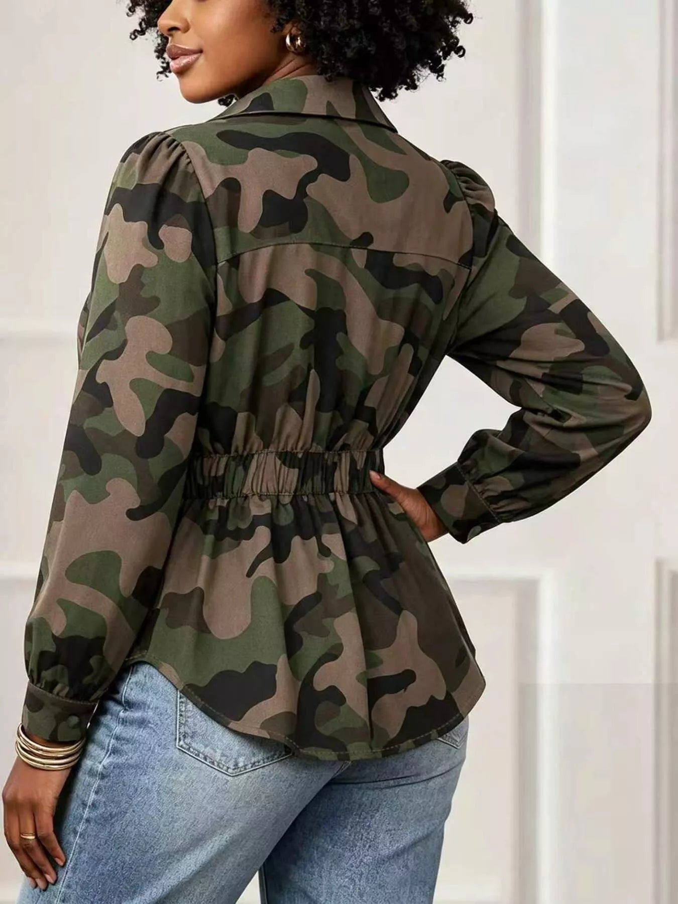 Trendsi Camouflage Button Front Long Sleeve Blouse -