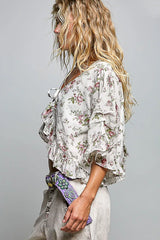 Trendsi POL Ruffle Tie Front Cropped Floral Woven Flutter Sleeve Top -