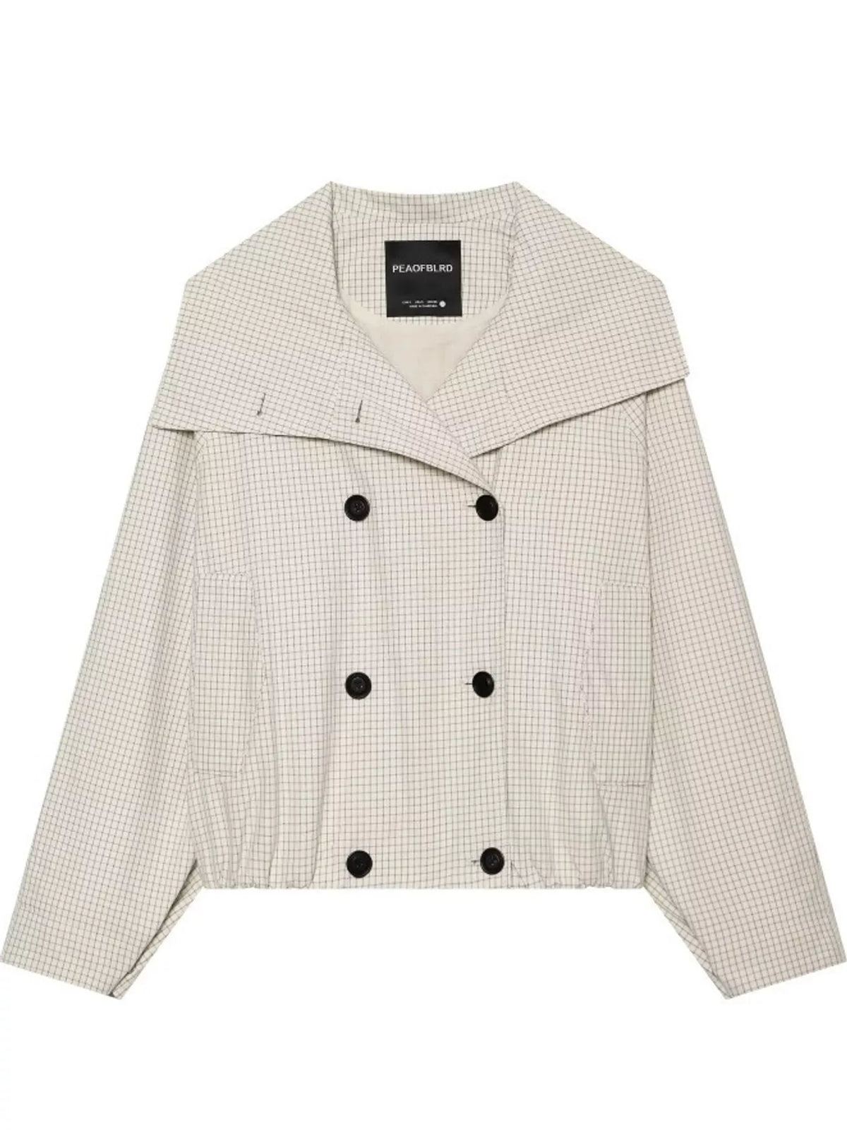 Cream check plaid double-breasted cropped jacket — front view