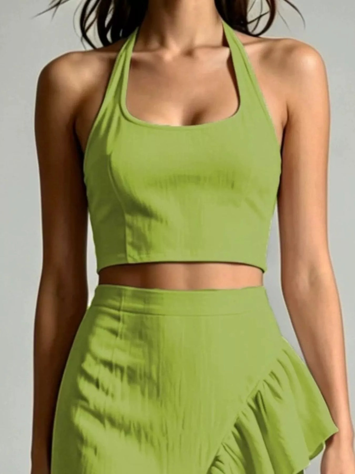 Green Halter Neck Crop Top and High-Low Maxi Skirt Two-Piece Set detail view