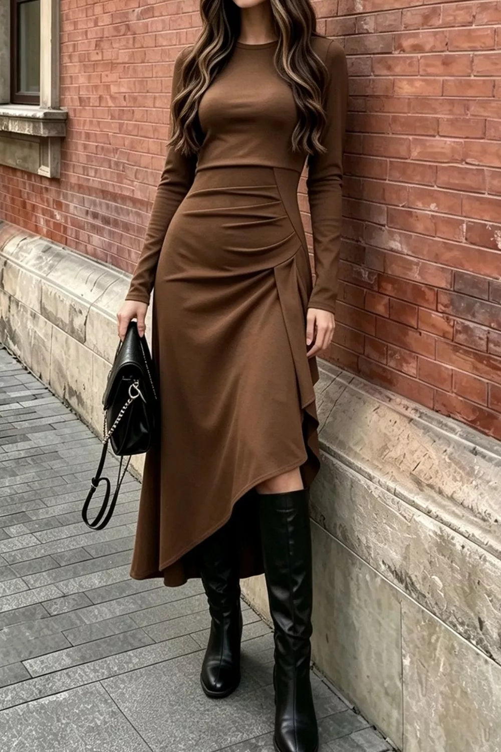 Trendsi Ruched Asymmetrical Hem Long Sleeve Dress -