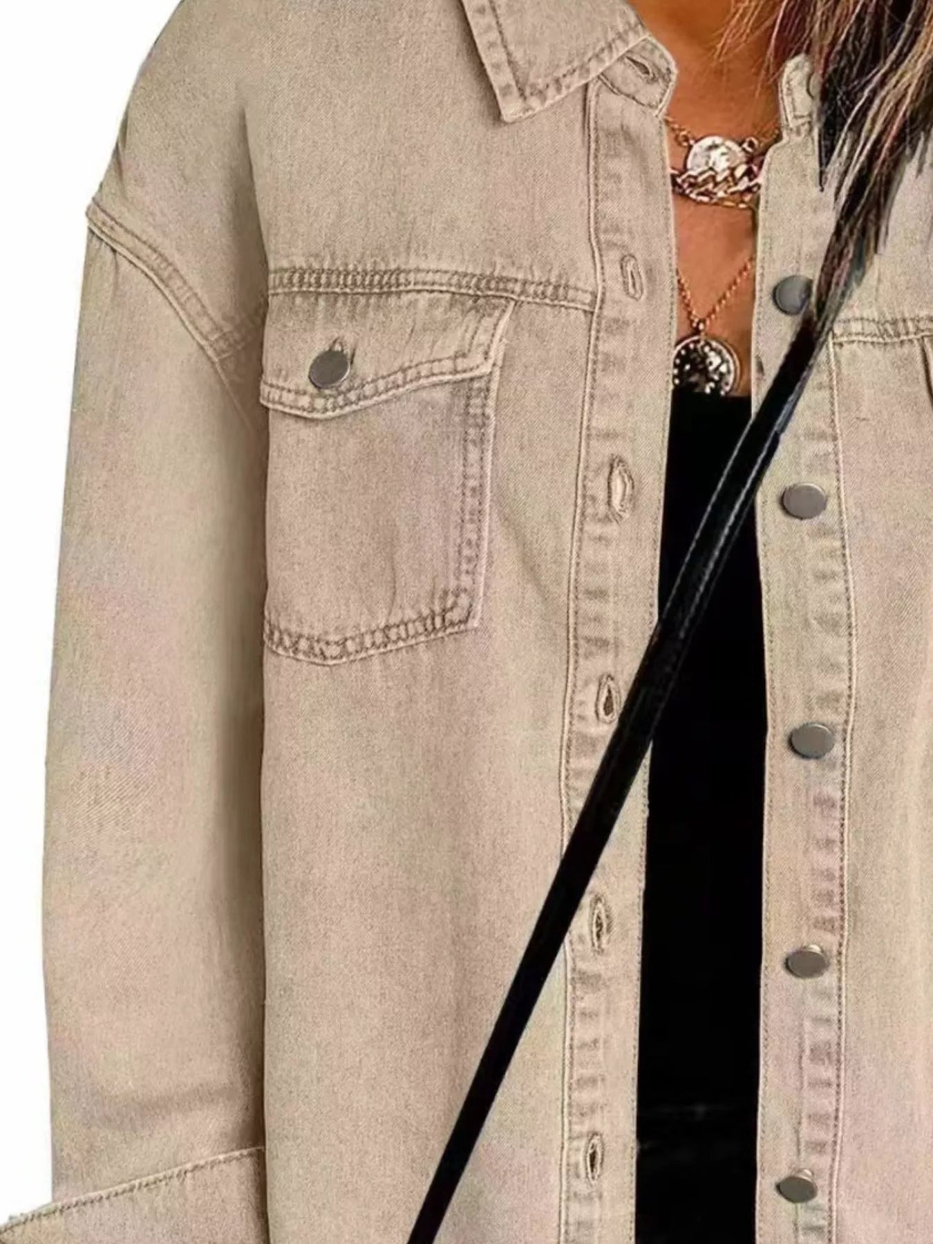 Trendsi Frayed Hem Button Up Denim Jacket -