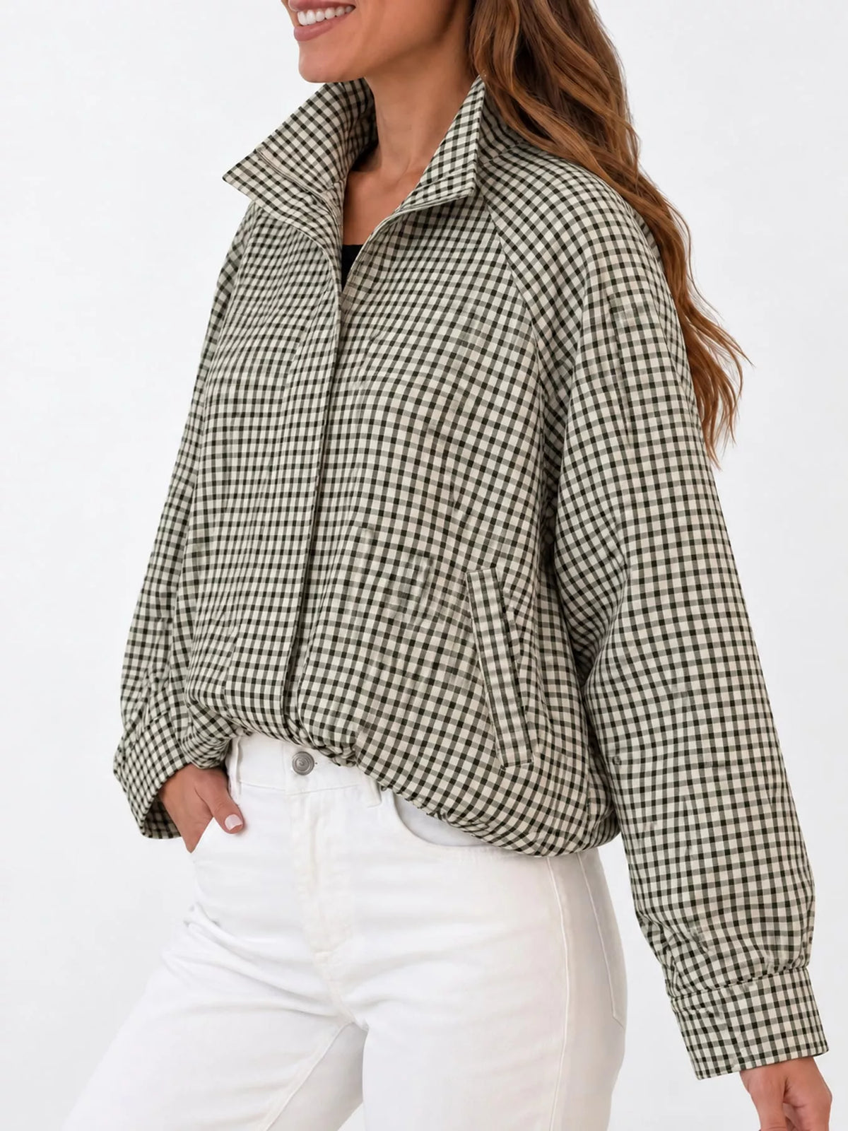 Khaki Plaid plaid stand-collar cropped jacket