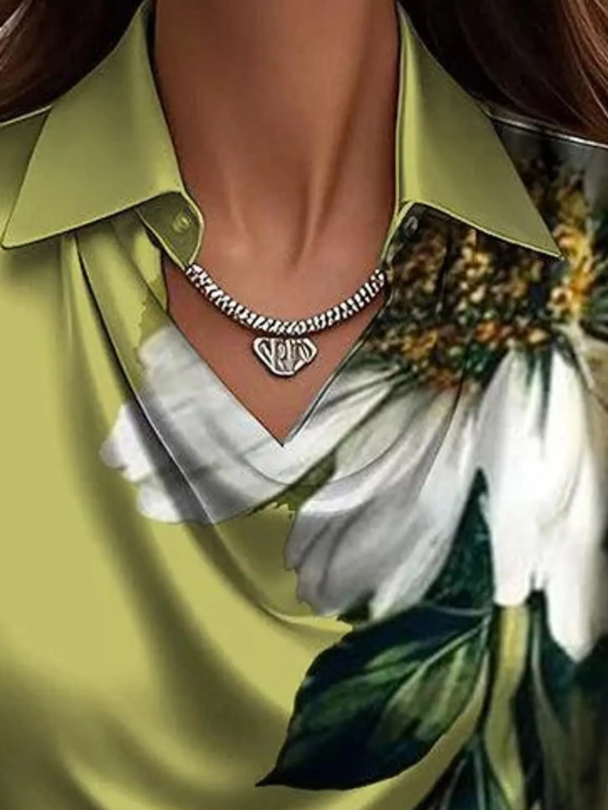 Green-Print satin cowl neck blouse