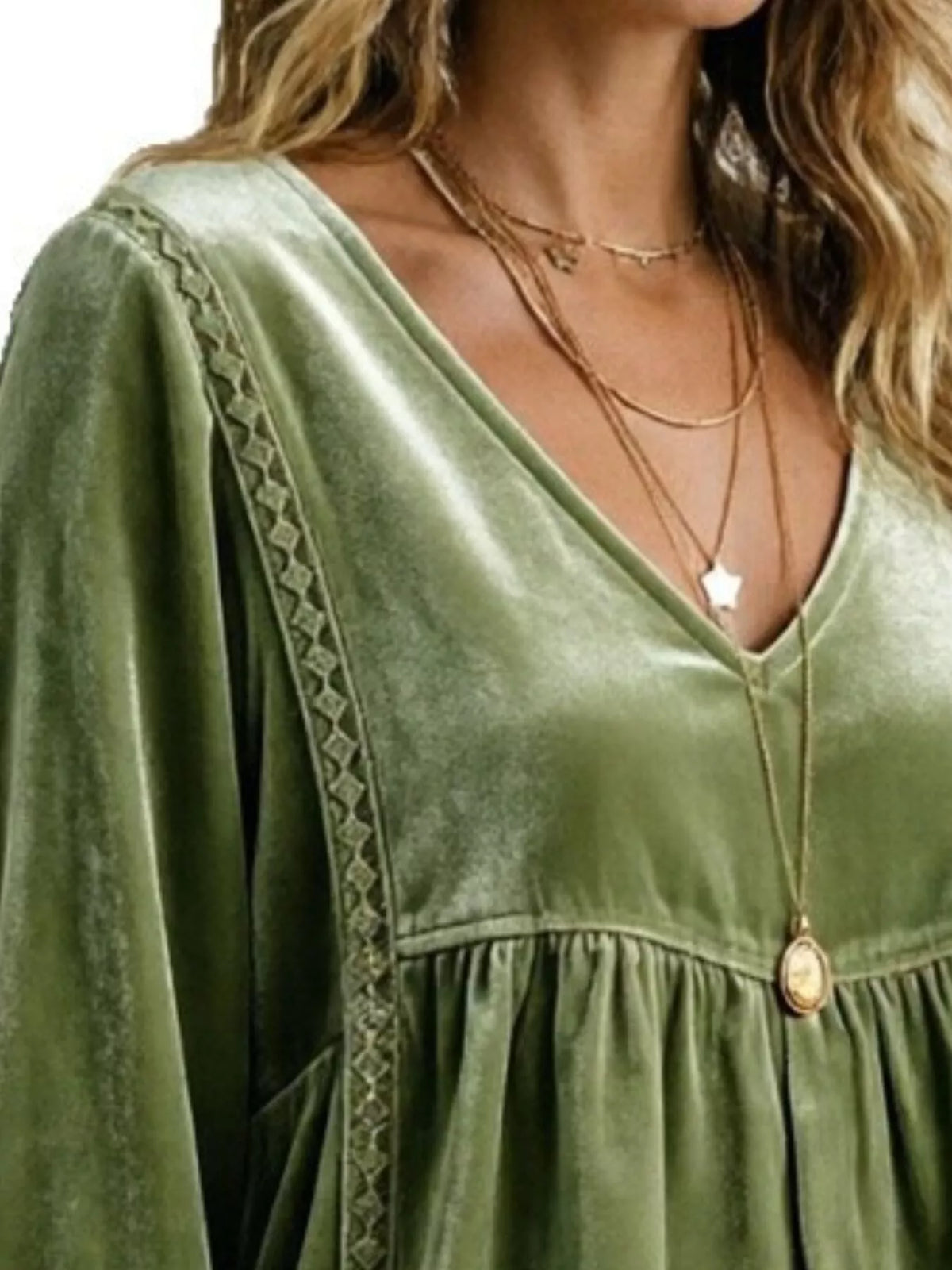 Women's V-Neck Long-Sleeve Velvet Blouse with Lace Trim — alternate view 10