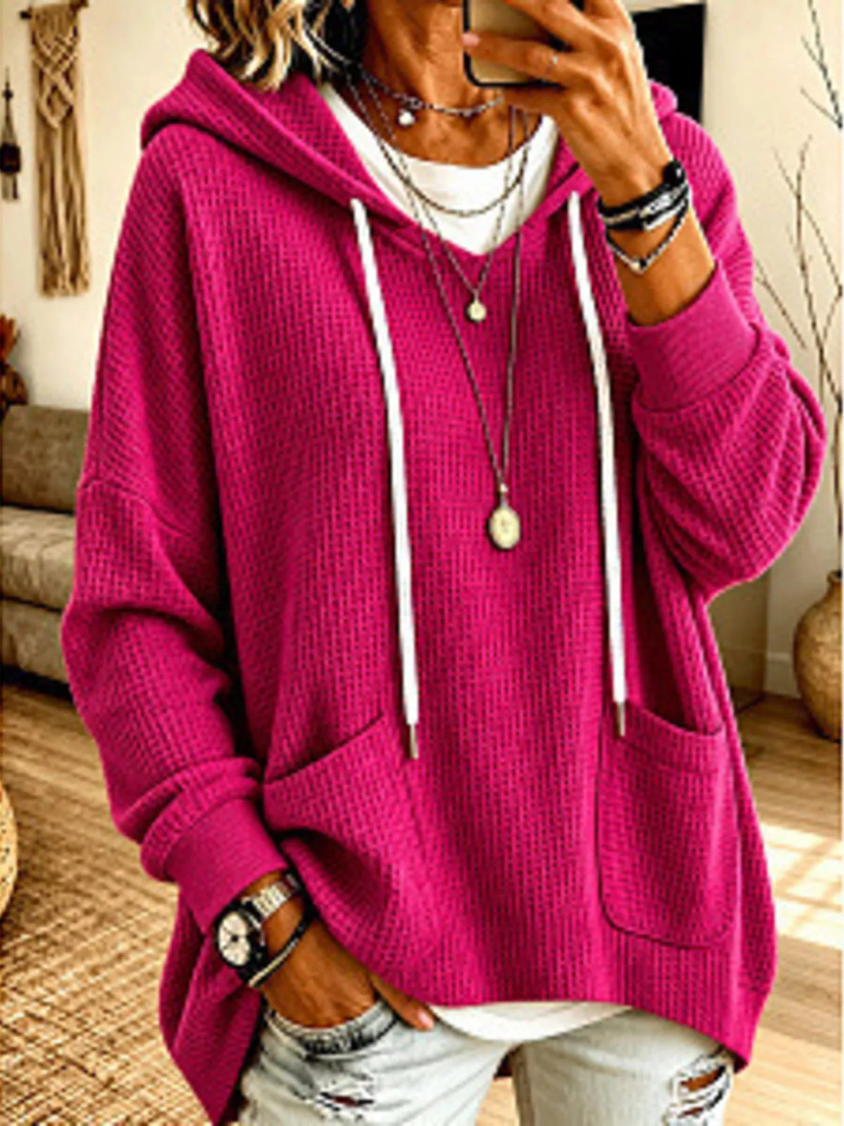 Women's Waffle Knit Drawstring Long Sleeve Hoodie in Cerise, front view