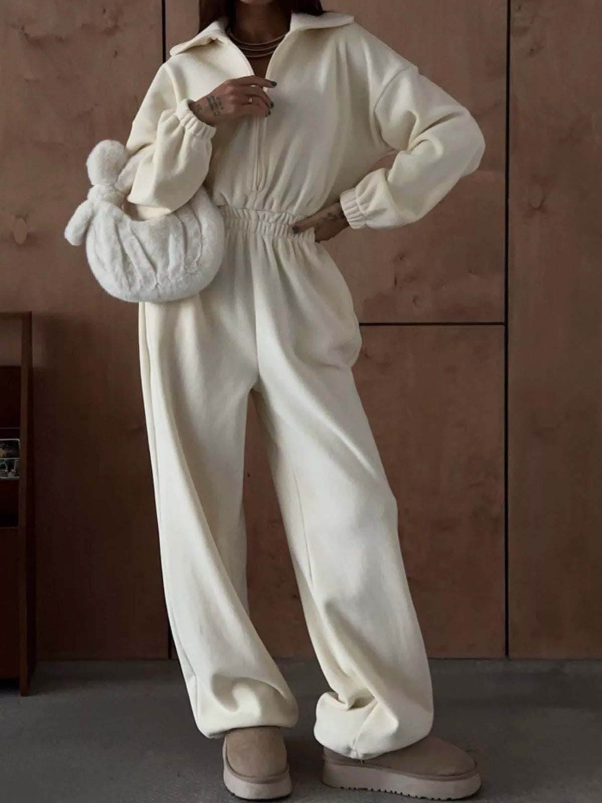 Zip Front Long Sleeve Jumpsuit — front view