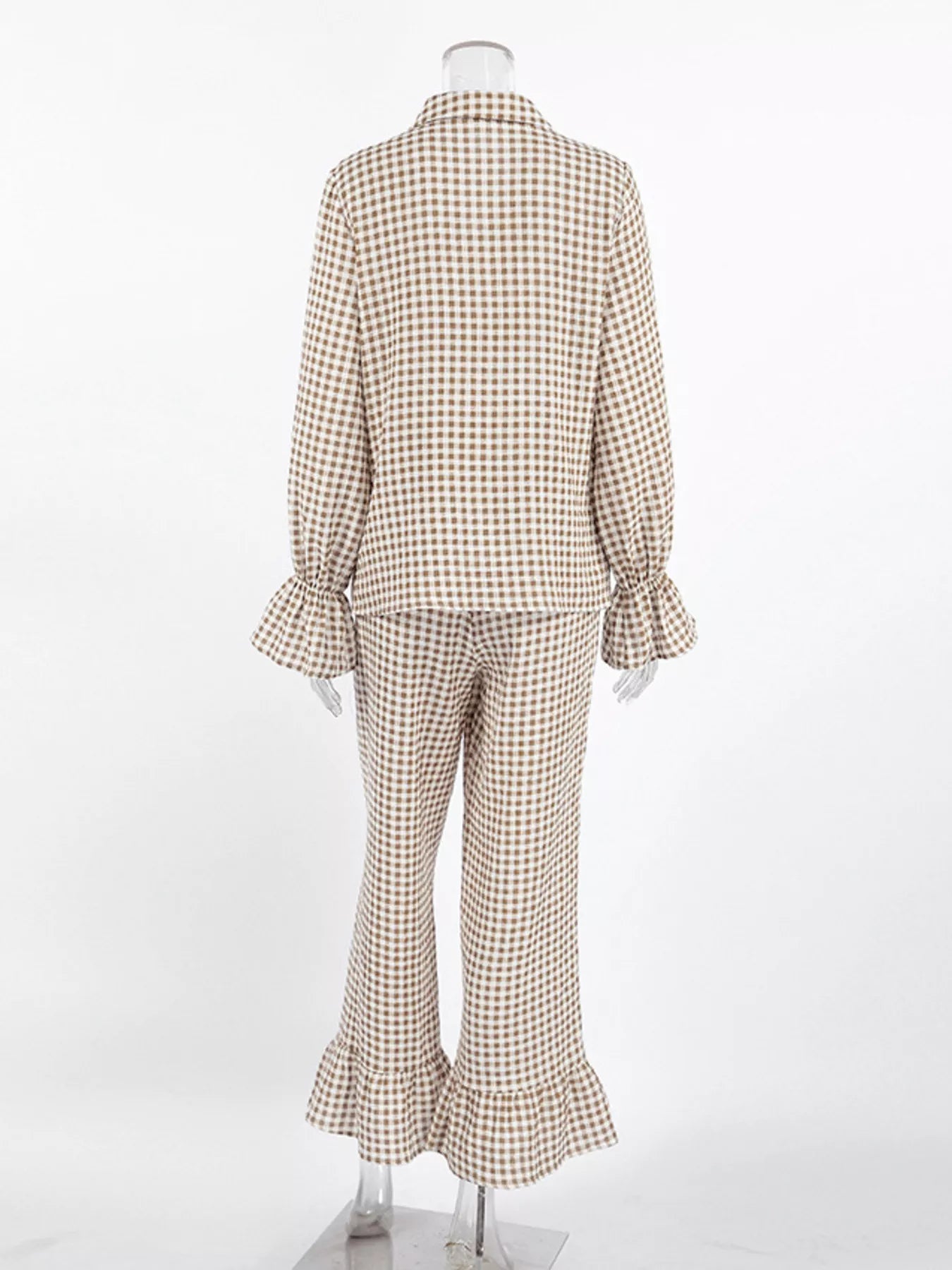Trendsi Gingham Ruffle-Trim Top and Pants Lounge Set -