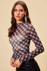 Trendsi SO ME Plaid Mesh Knit Long Sleeve Top with Thumb Opening -