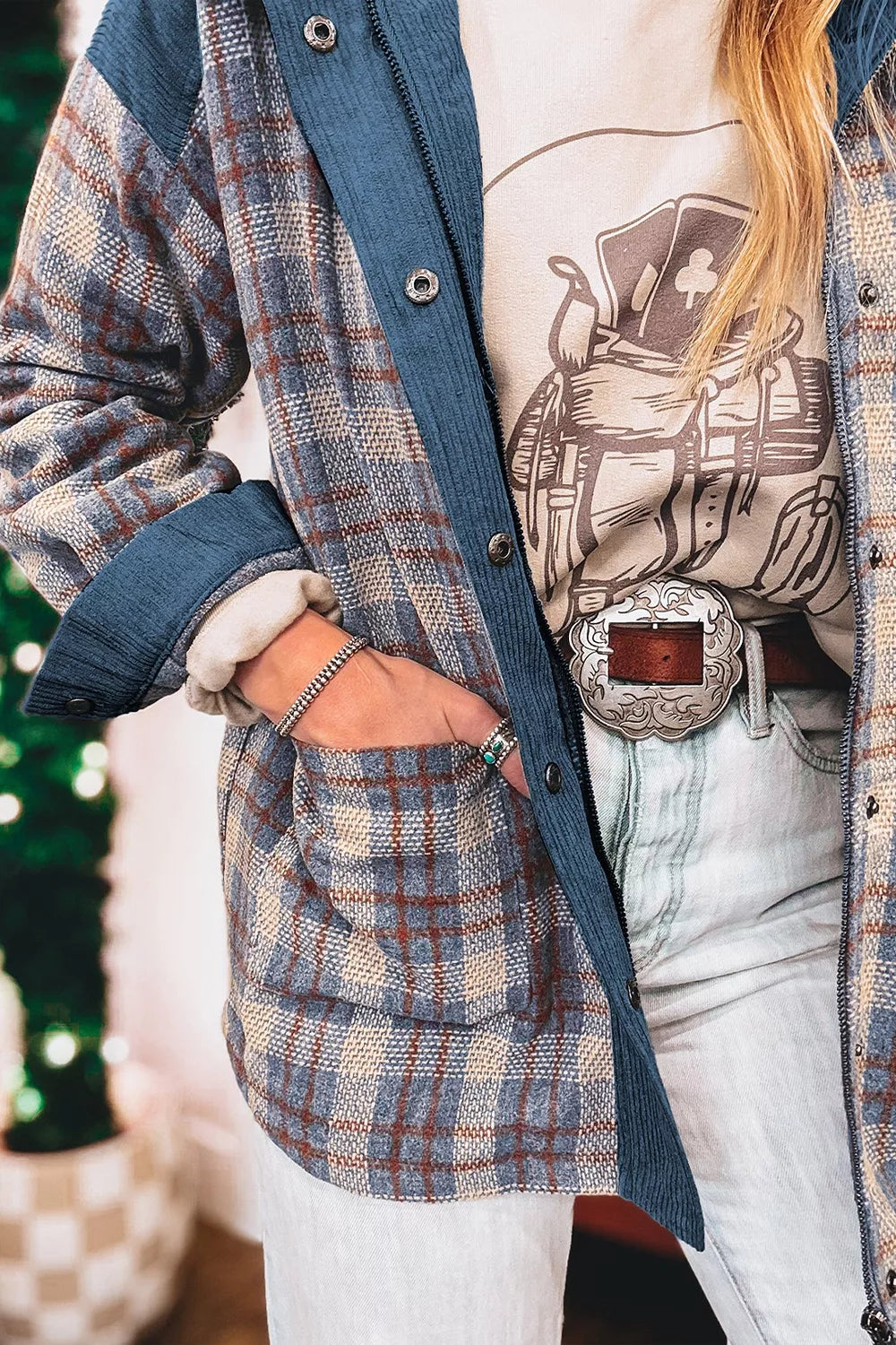 Trendsi Plaid Corduroy Patchwork Collared Zip Up Snap Button Jacket -
