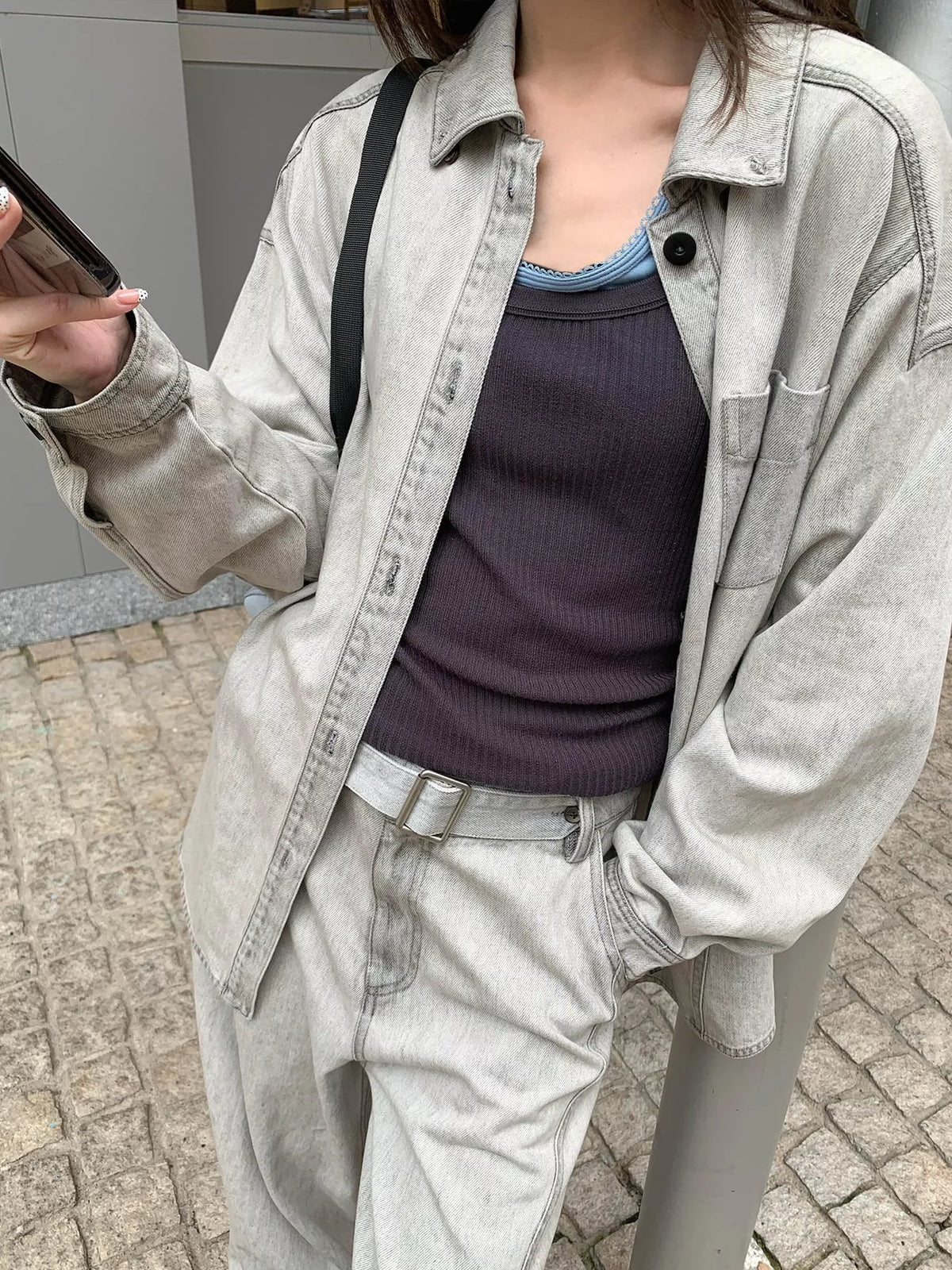Gray button-down front denim shacket