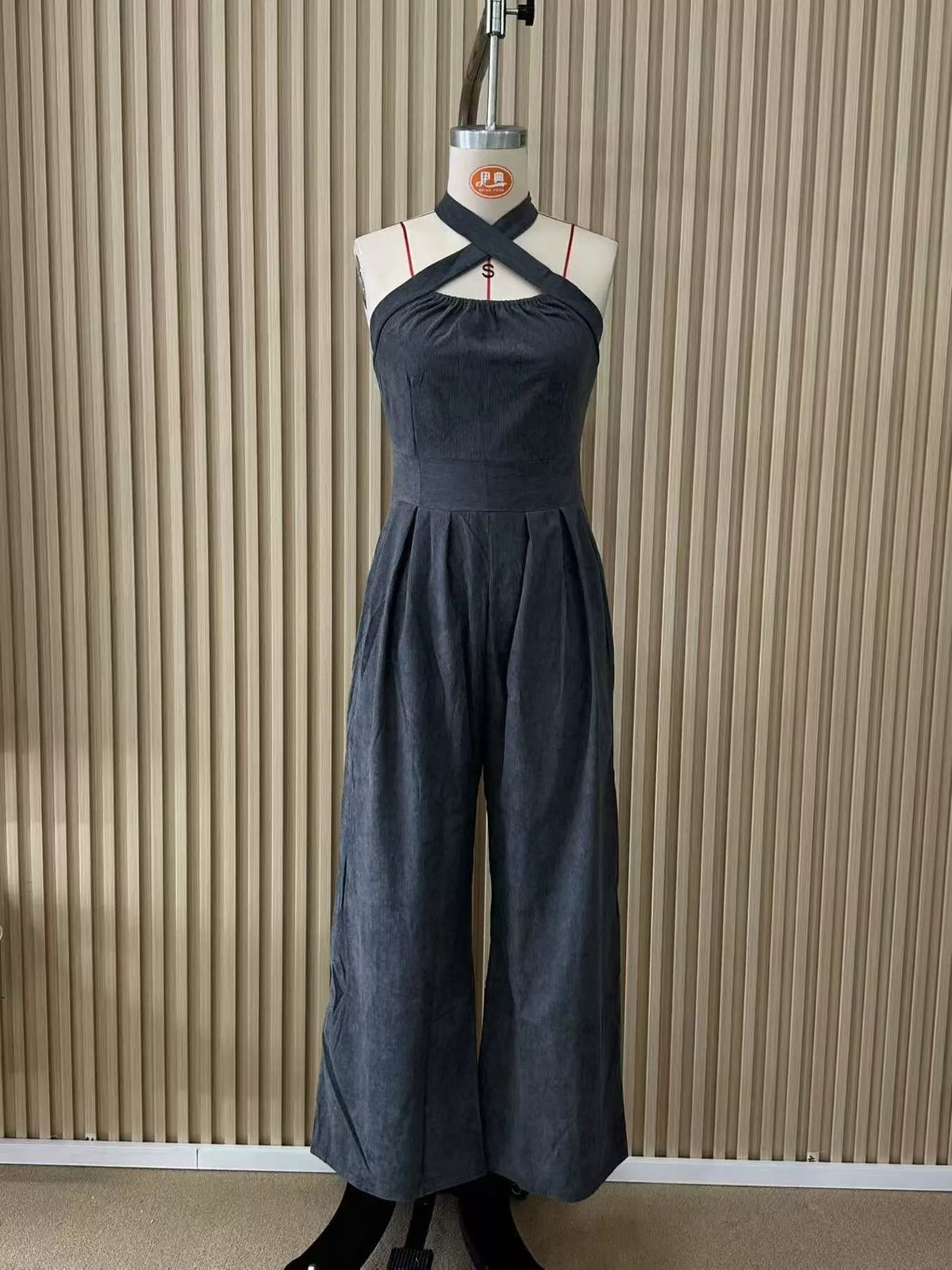 Dark Gray Halter Neck Wide-Leg Jumpsuit design detail