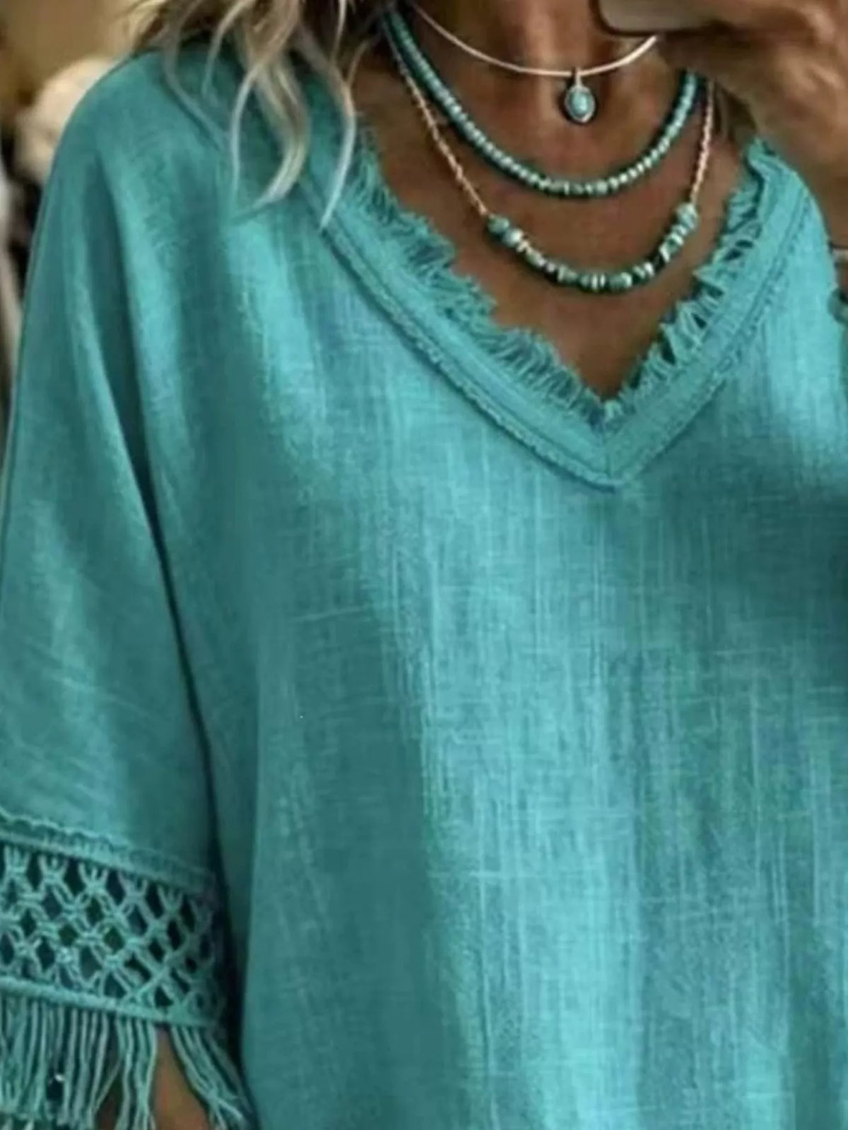 Turquoise Fringe Trim V-Neck Loose Fit Blouse alternate view