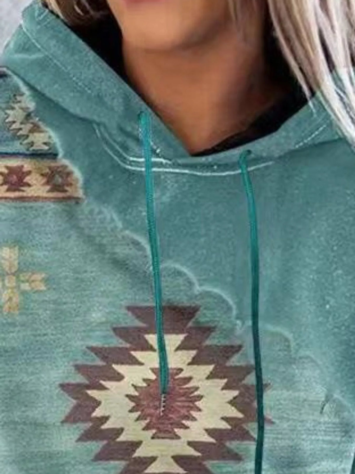 Aztec-print hoodie, teal neckline detail