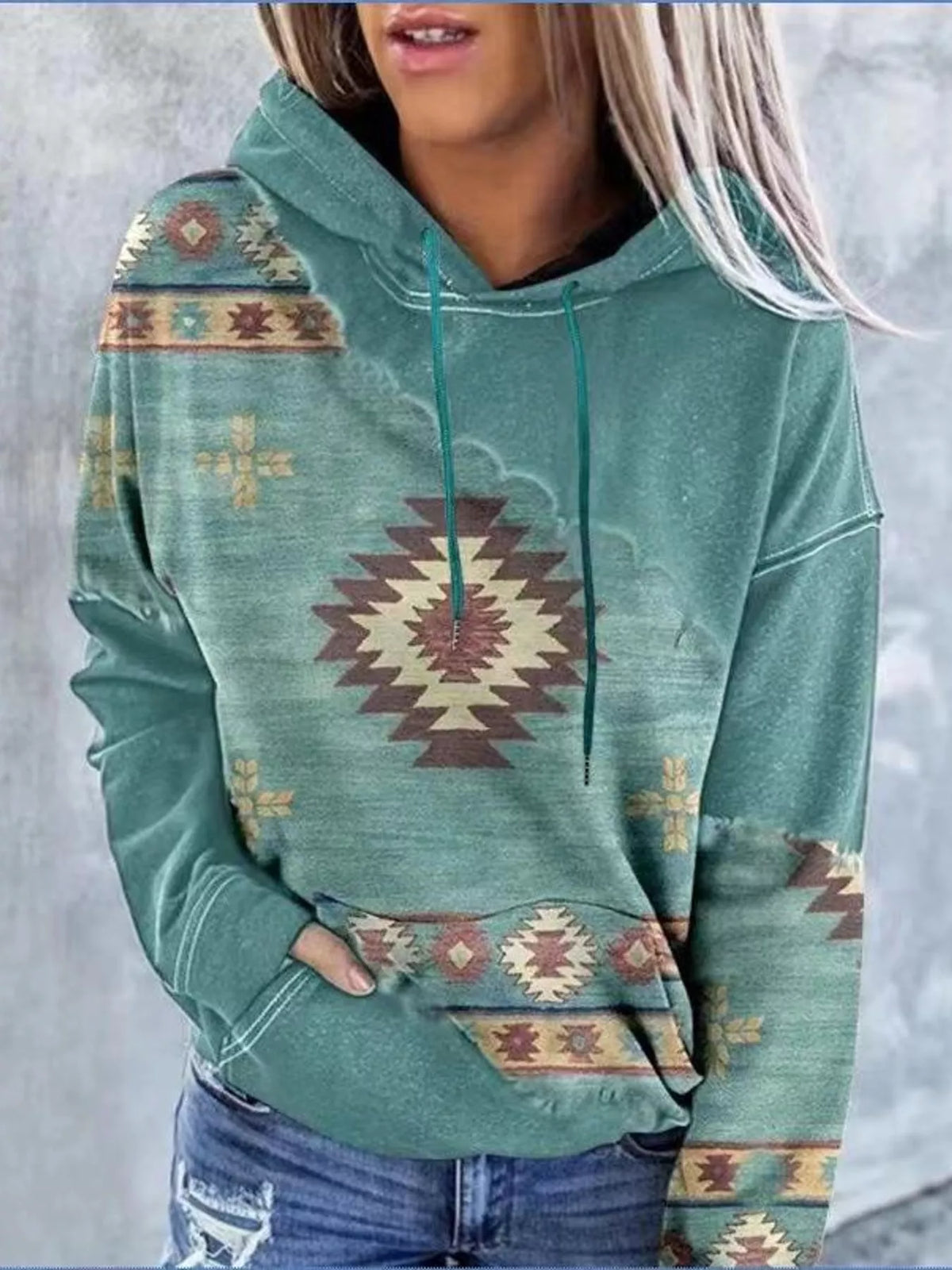 Aztec-print hoodie, teal front