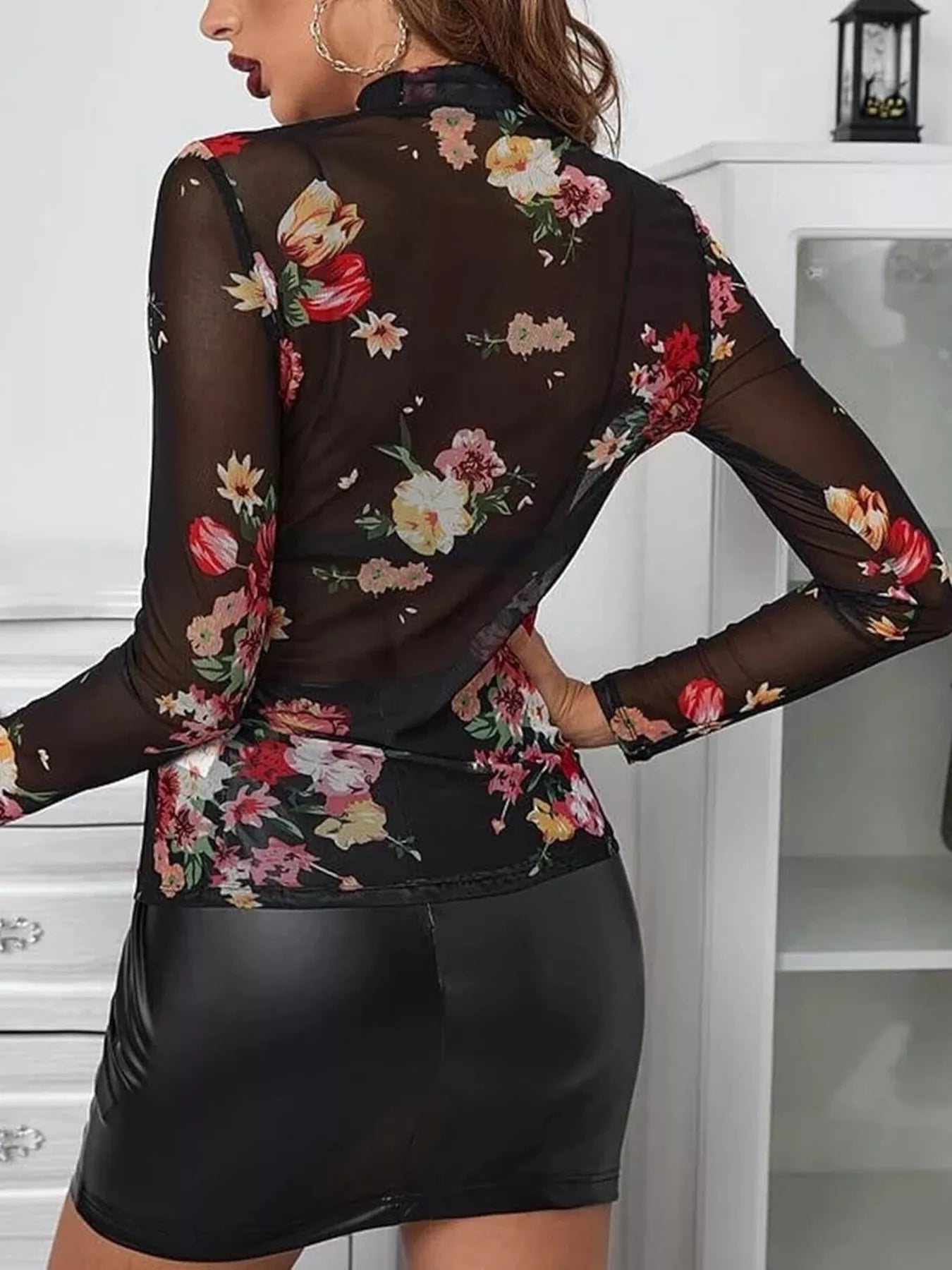Trendsi Sheer Mock Neck Long Sleeve Top -