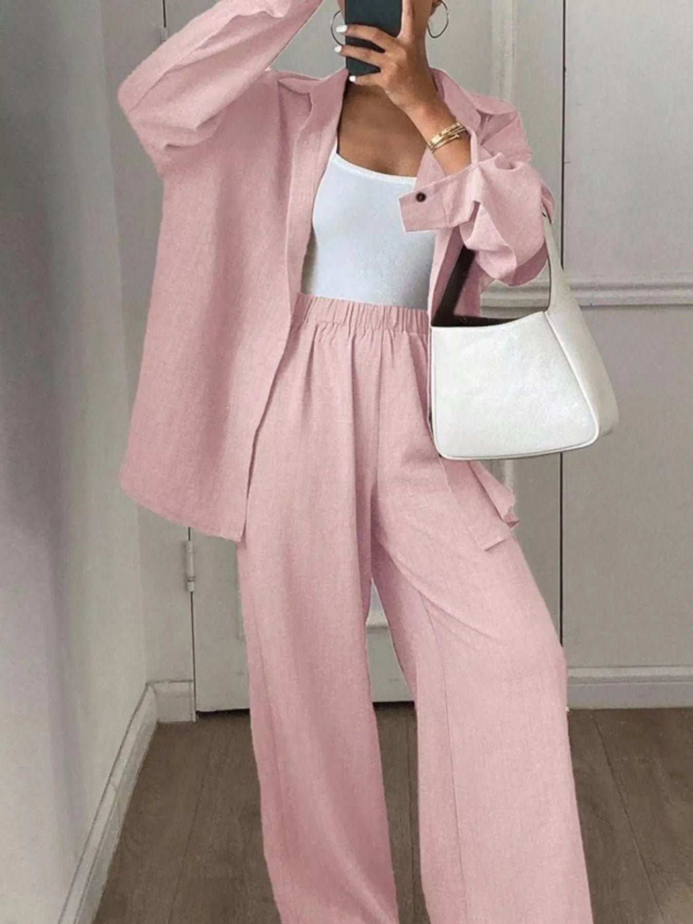 Trendsi Button Up Long Sleeve Shirt and Wide Leg Pants Set -