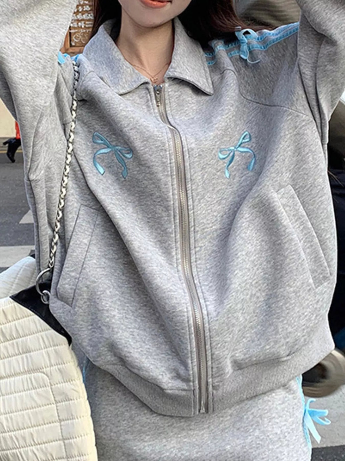 Heather Gray bow embroidered zip-up sweatshirt