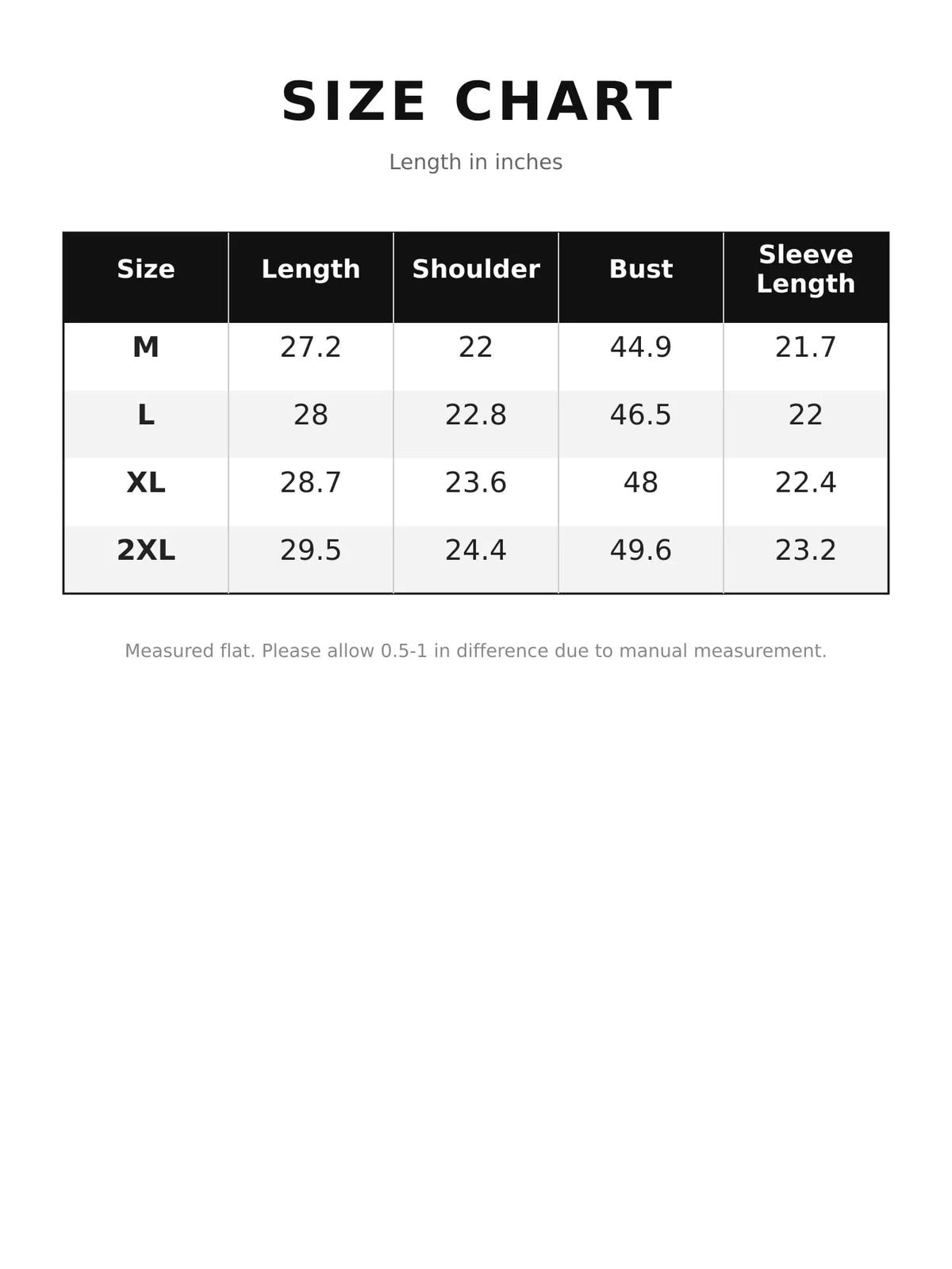 Size and measurement chart for long-sleeve sweatshirt
