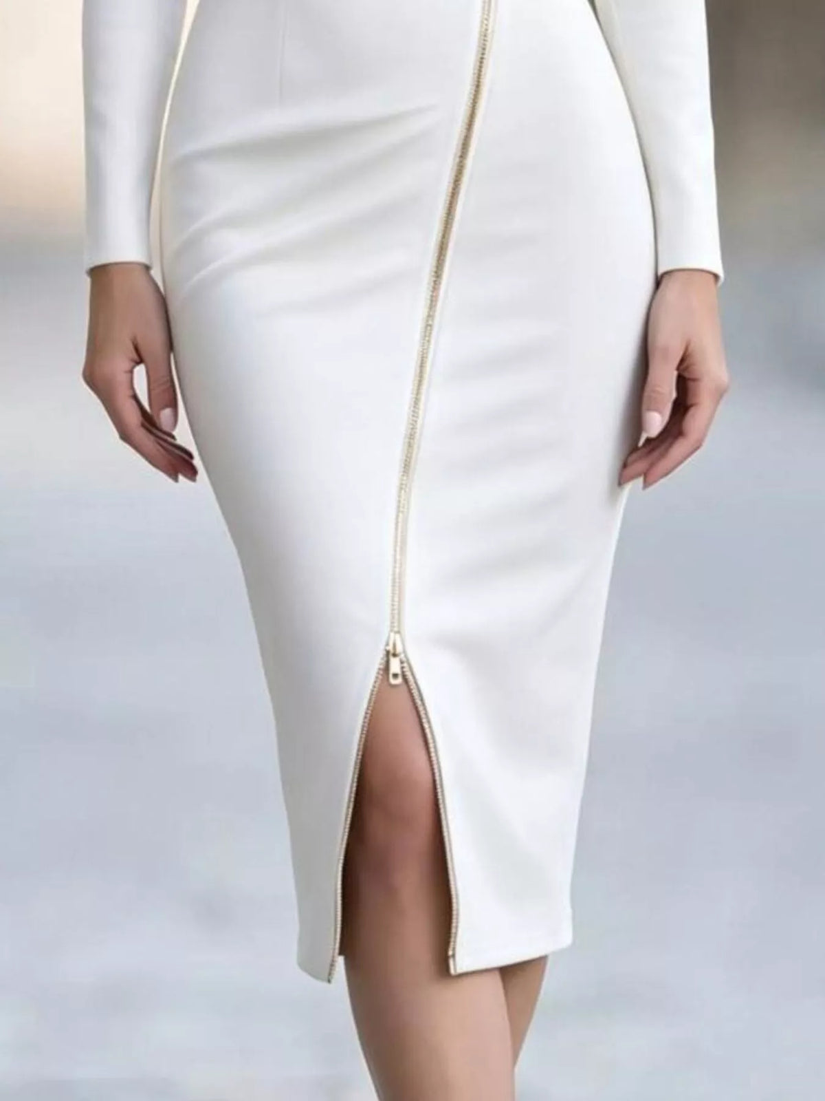 Asymmetric zipper lapel midi dress in white, zipper and slit detail