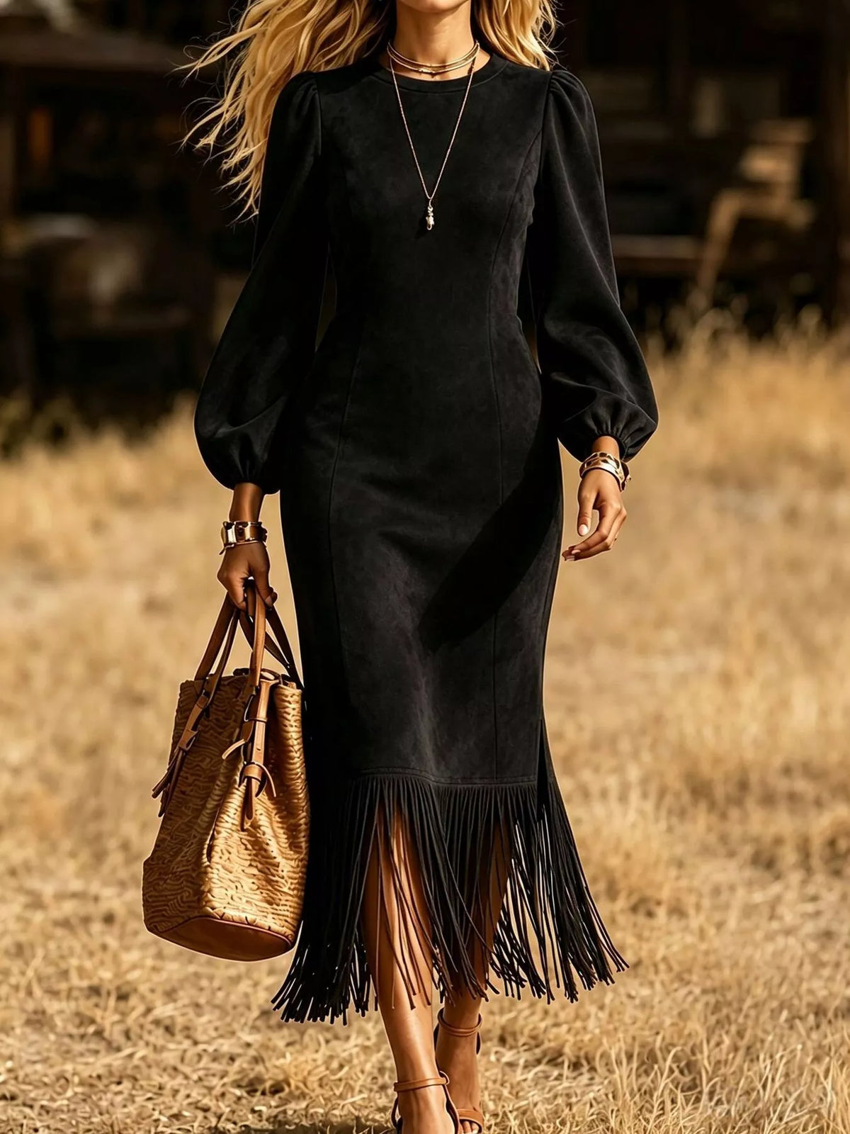 Fringe Balloon Sleeve Midi Dress in black, front view