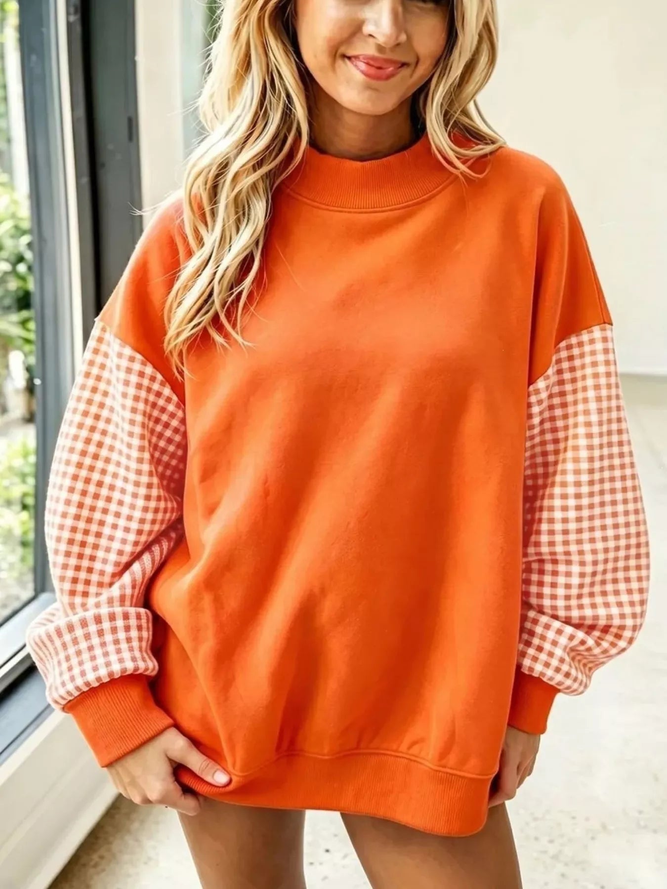 Trendsi Gingham Sleeves Round Neck Sweatshirt -