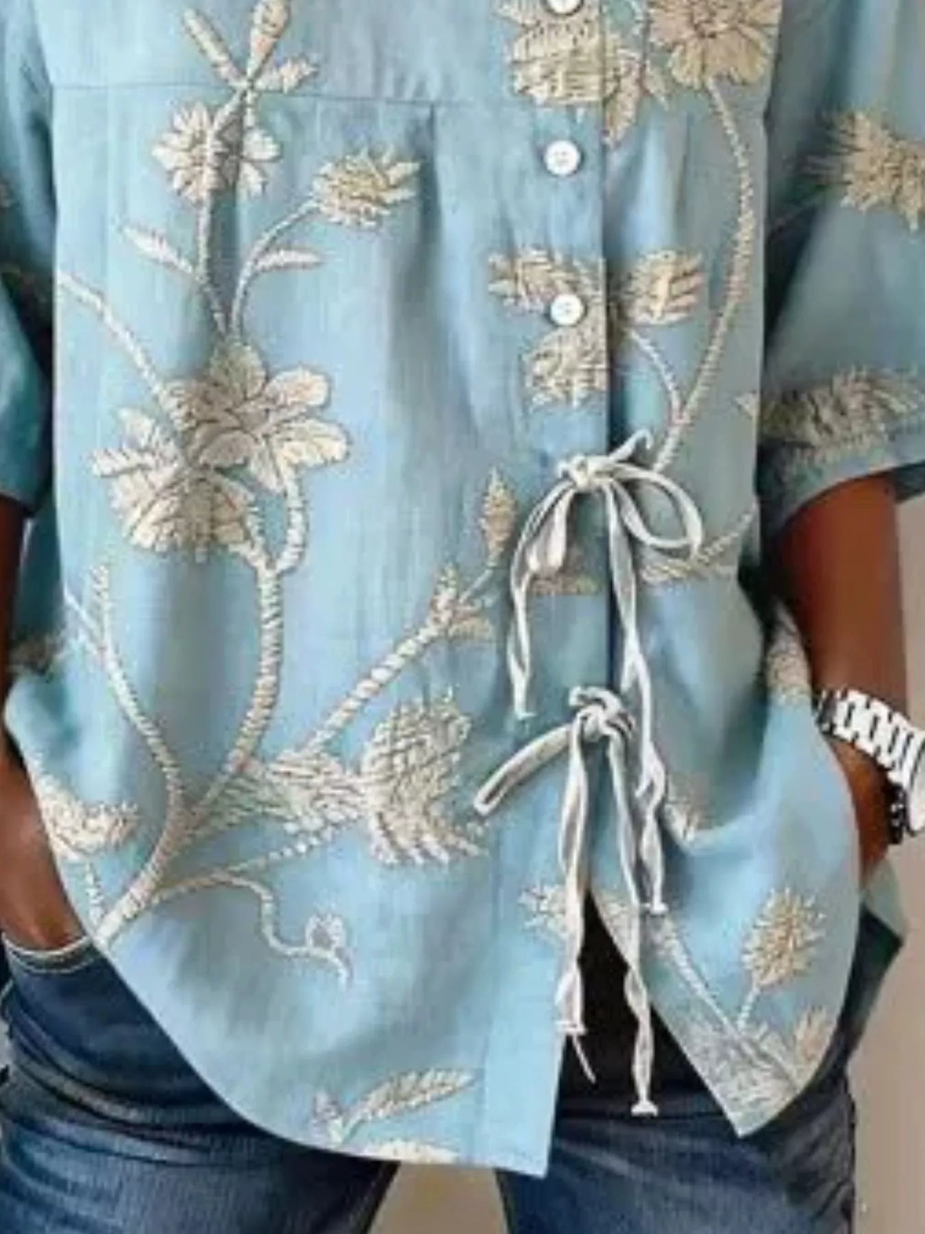 Trendsi Full Size Embroidered Floral Tie Front Shirt Plus Size -