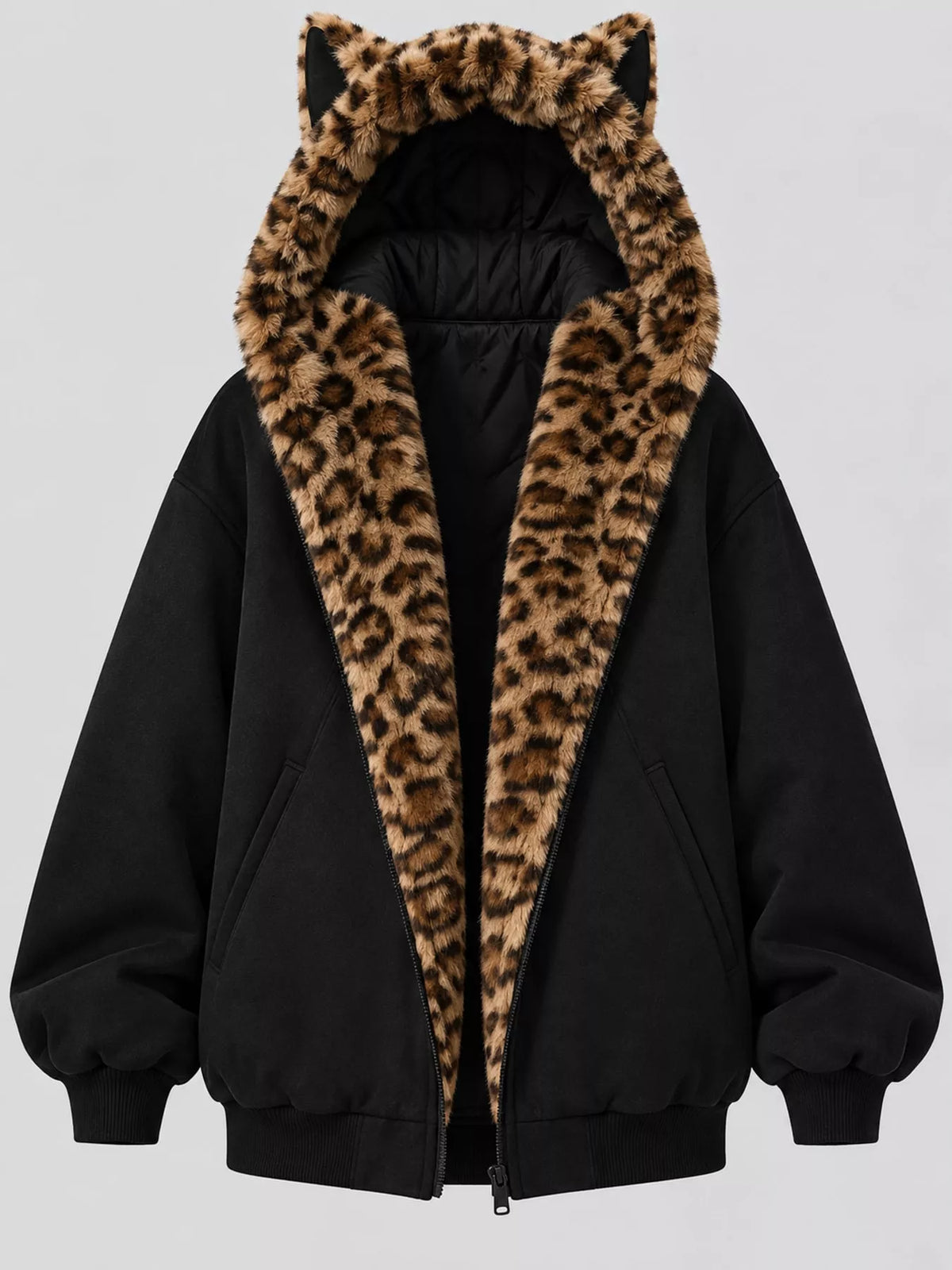 Leopard-Trim Faux Fur Hooded Zip-Up Jacket in black, front view