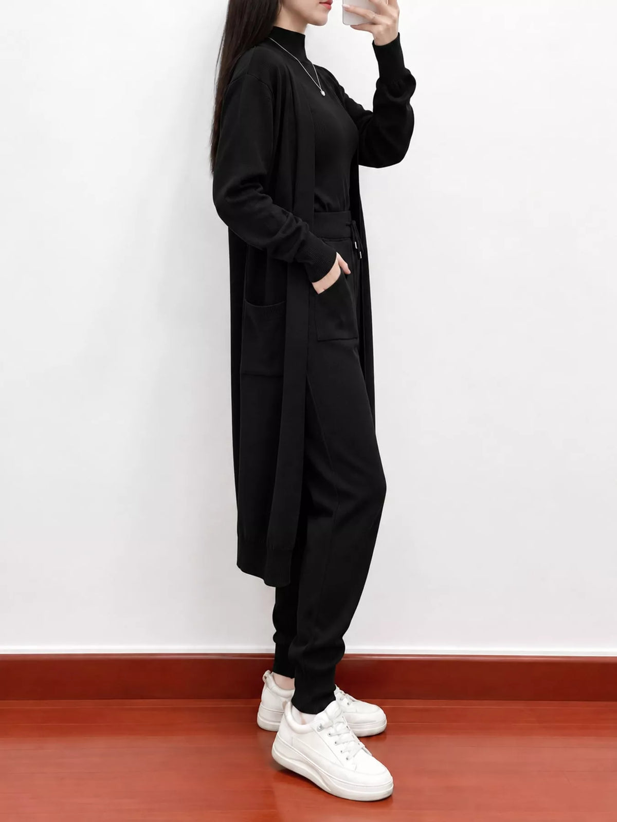Sleeveless Top and Drawstring Joggers Sweater Set with Long Cardigan — side view