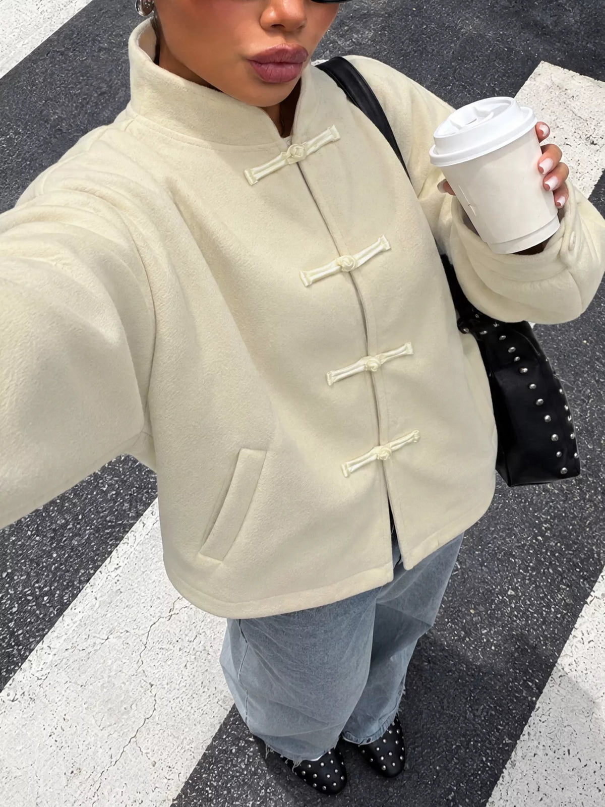 Frog Button Dropped Shoulder Jacket — front view