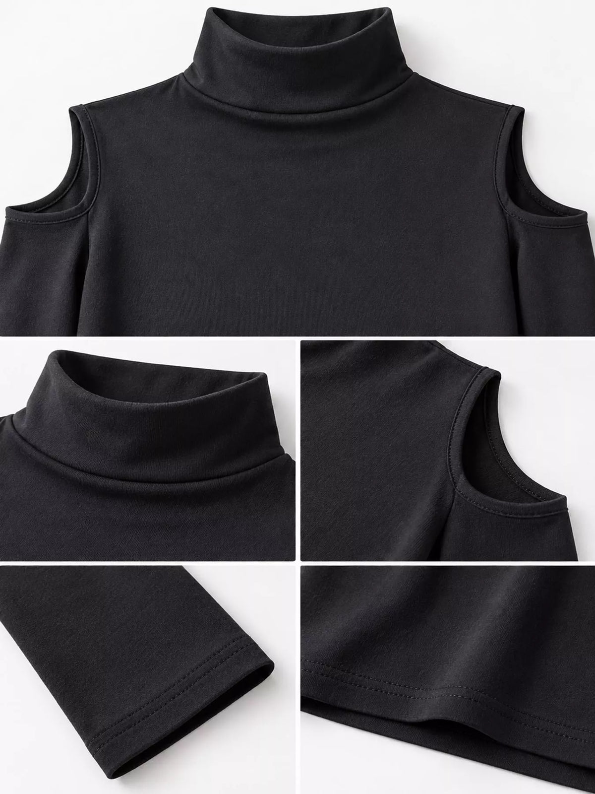 Black mock neck cold-shoulder t-shirt, neckline, shoulder cutouts, sleeve hem, and fabric details