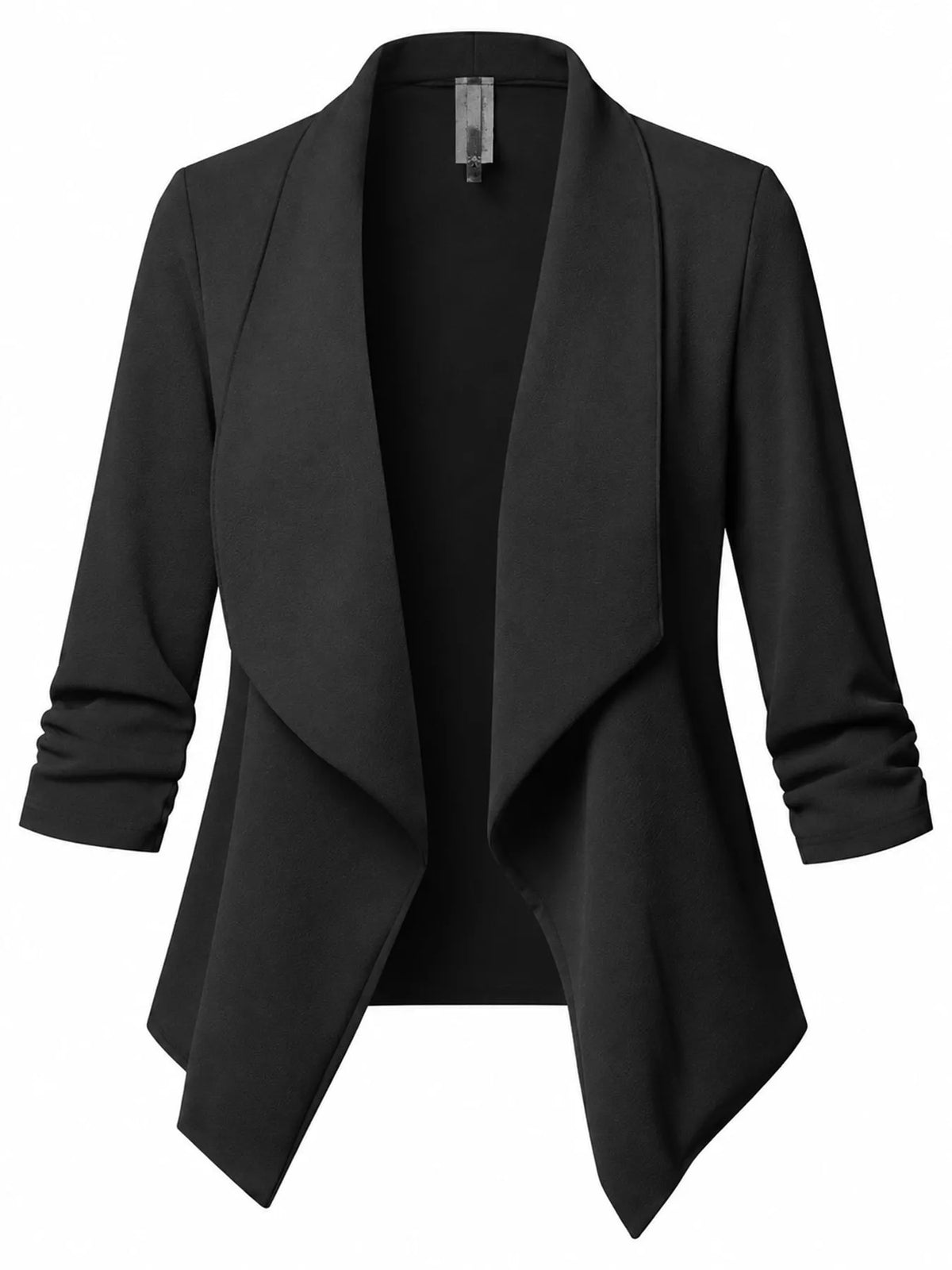 Black open-front blazer with ruched 3/4 sleeves