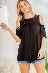 Trendsi Women’s Frill Round Neck Cold Shoulder Tee Spandex Plus Size - Shirts