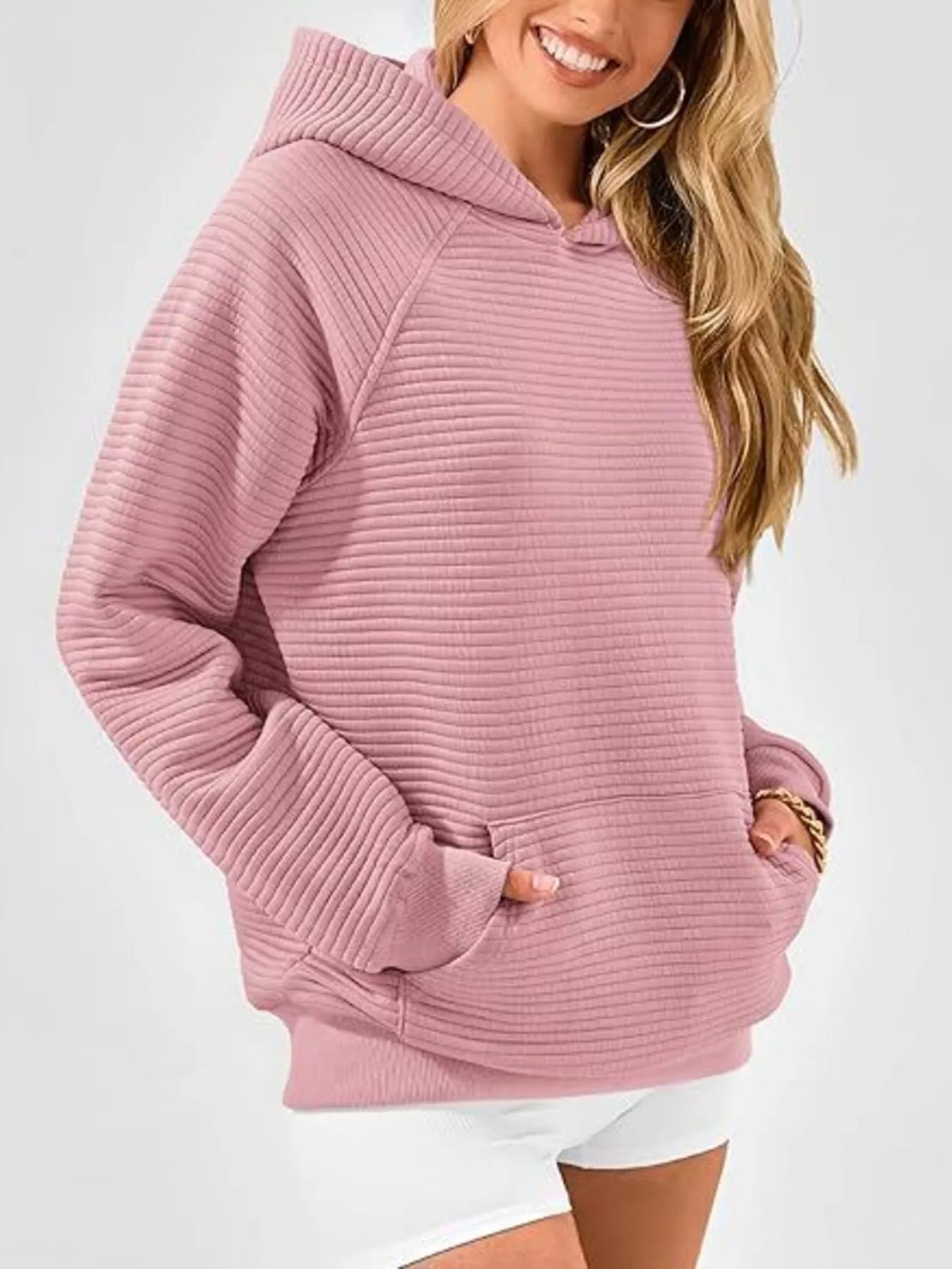 Trendsi Texture Kangaroo Pocket Raglan Sleeve Hoodie -