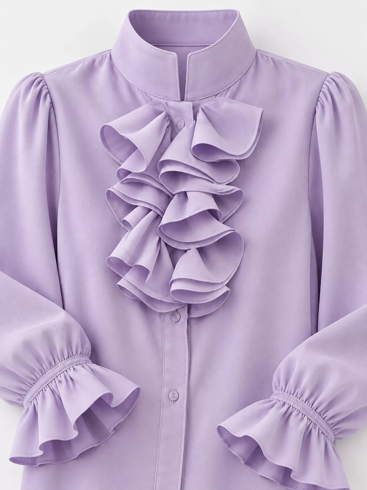 Ruffled Stand-Collar Blouse with Long Lantern Sleeves, collar detail