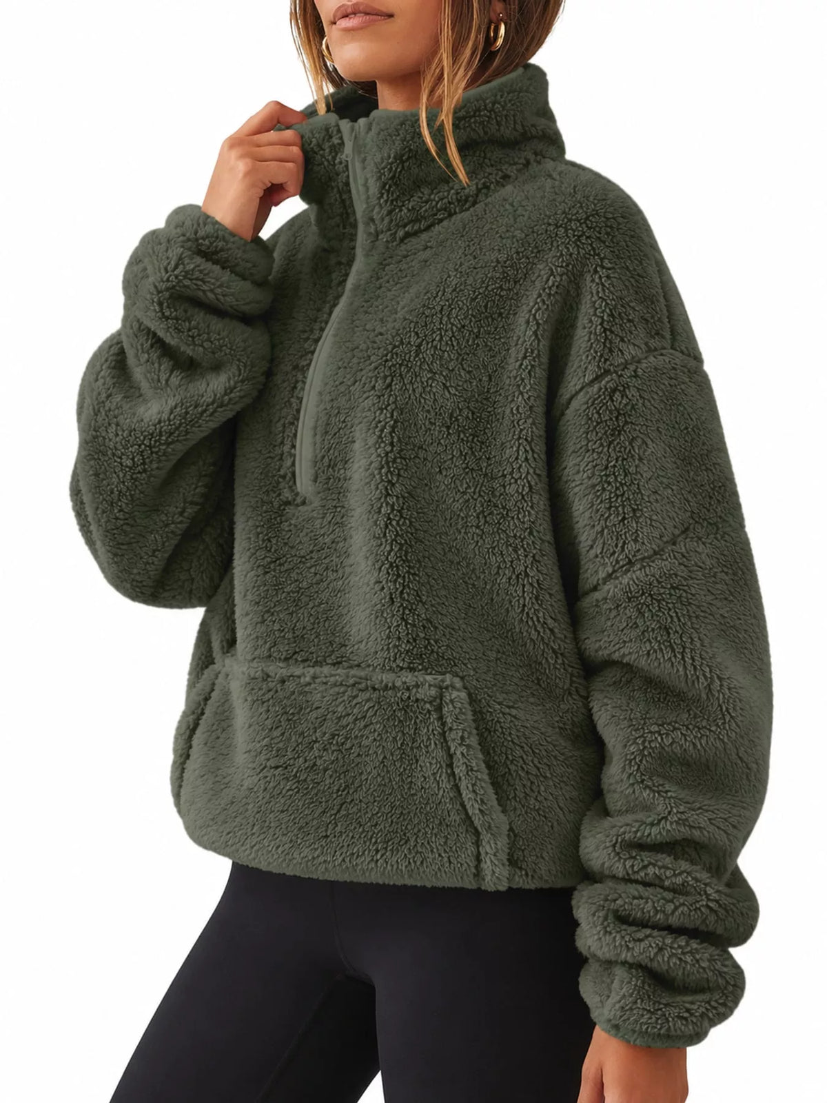 Sherpa quarter-zip sweatshirt, olive angled front