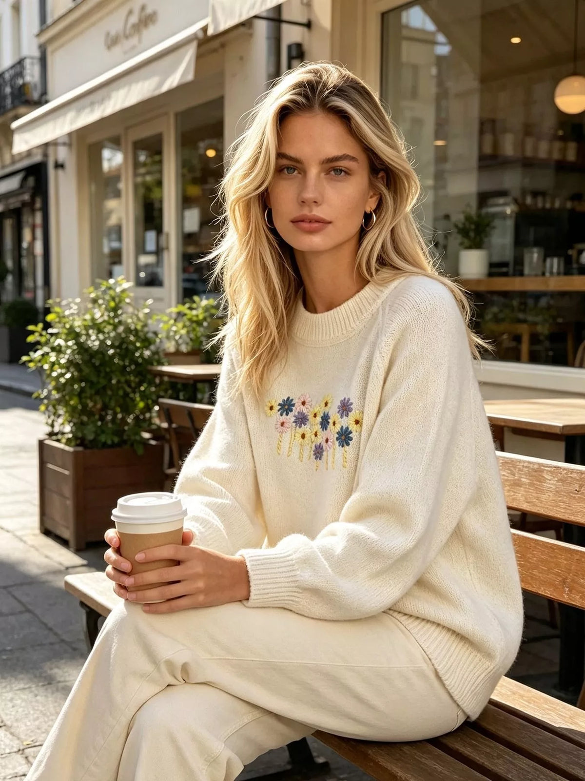 Floral embroidered round-neck sweater in white, seated view