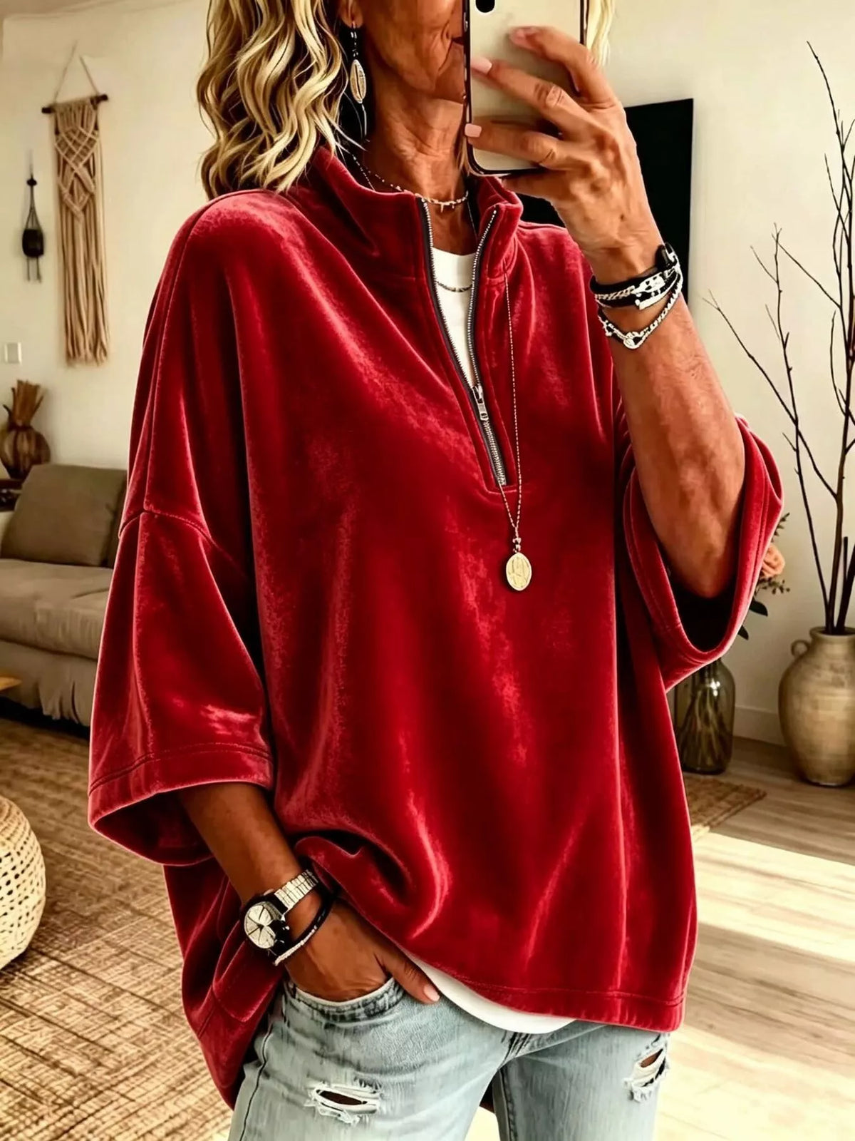Trendsi Full Size Velvet Quarter-Zip Sweatshirt Plus Size -