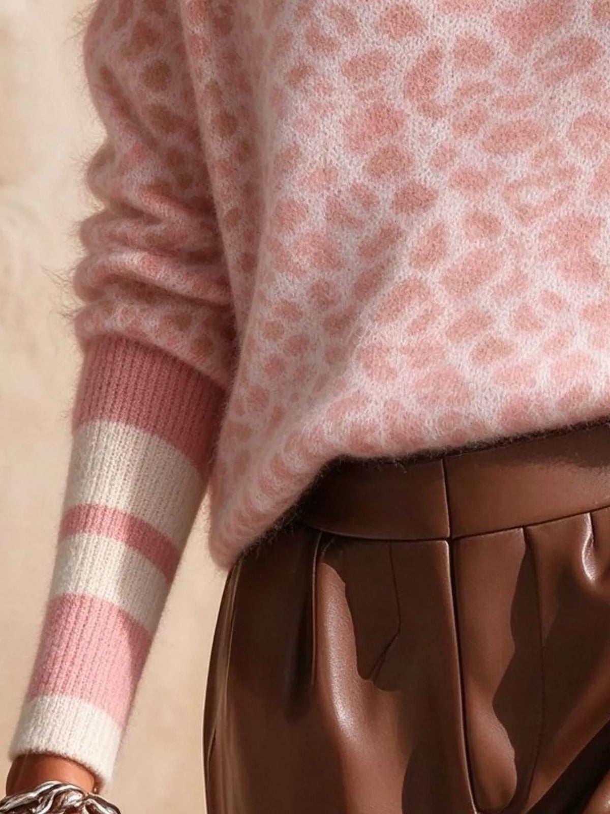 Women's Leopard V-Neck Sweater with Striped Cuffs in pink leopard — cuff detail view